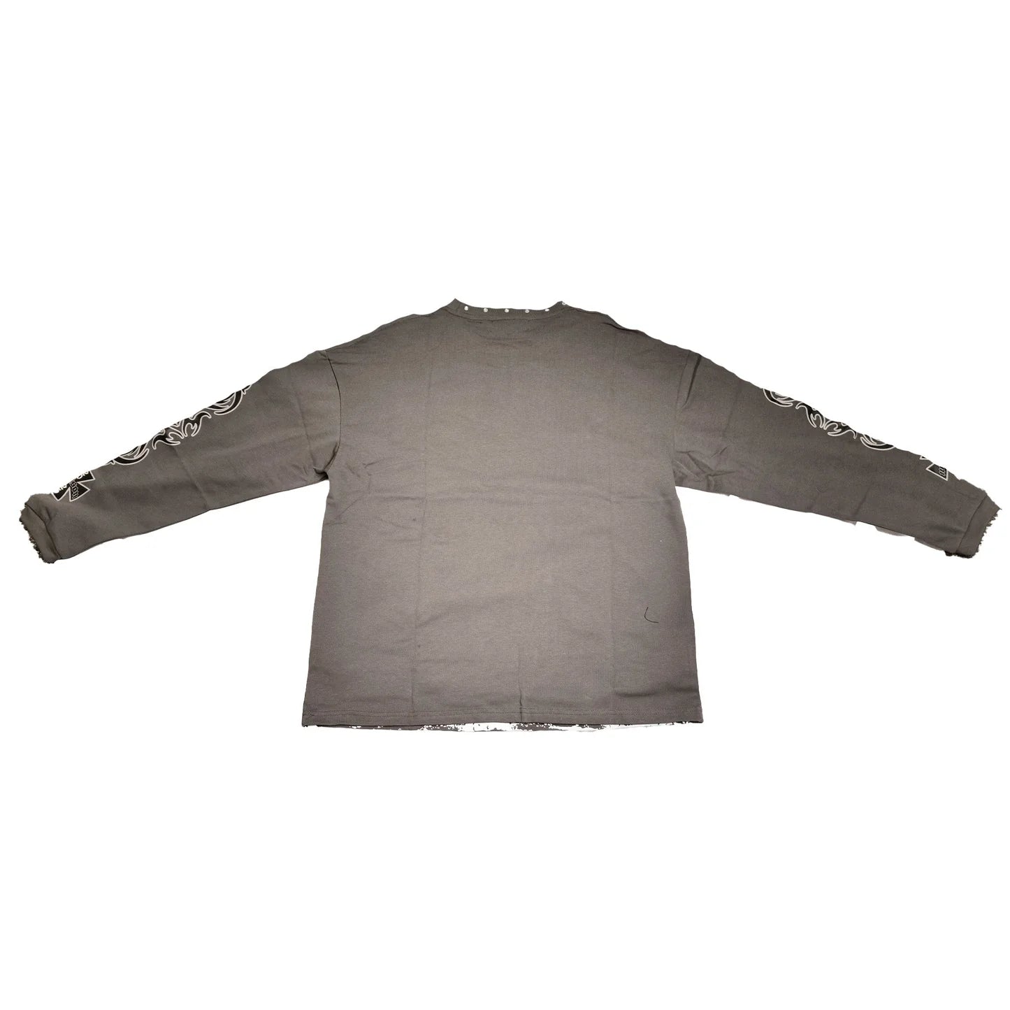JEVPE men's vintage grey and beige long sleeve tee with rhinestone-studded Jesus graphic, retro religious streetwear top.