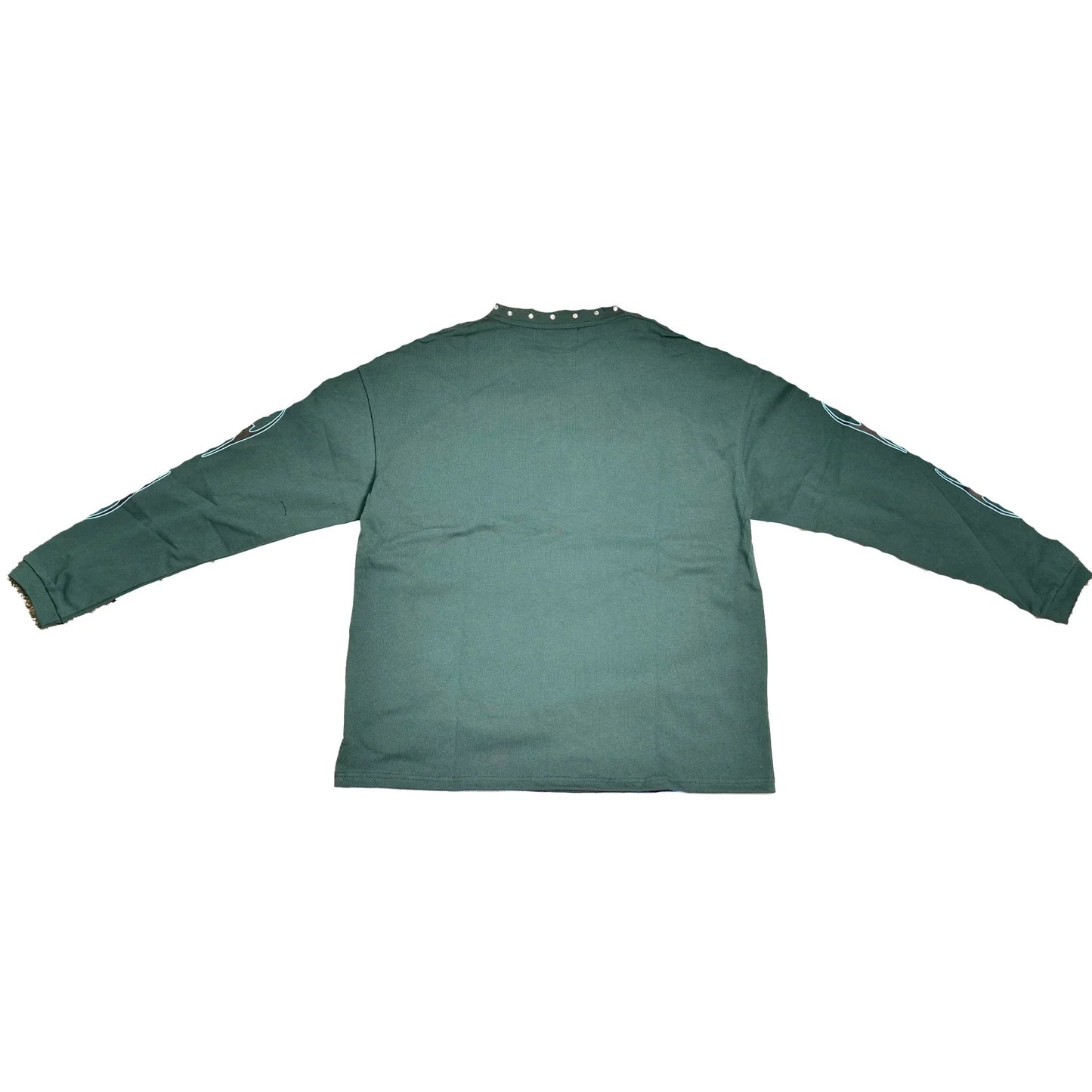 Dark green gothic demon throne graphic long sleeve T-shirt for men by JEVPE, featuring studded accents and edgy streetwear style.