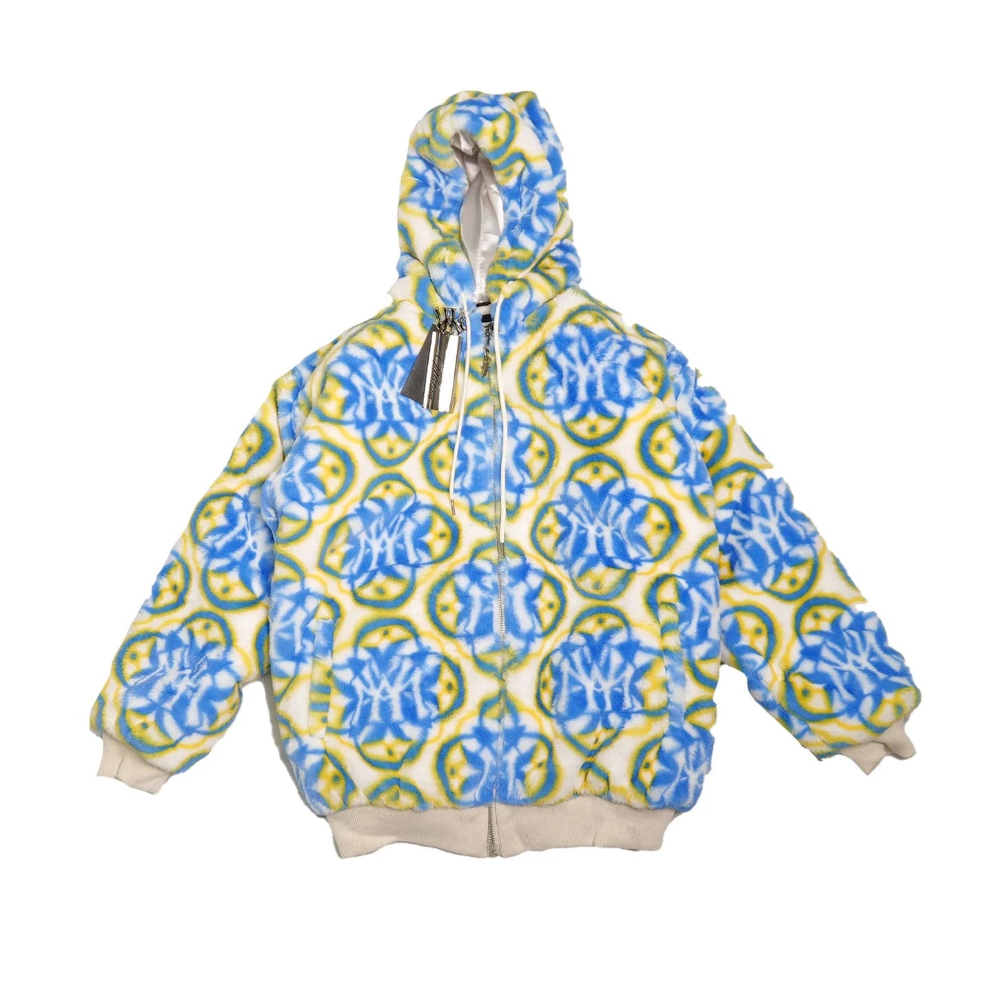 Blue & Yellow Monogram Faux Fur Hooded Jacket | Cozy Streetwear Zip-Up Coat