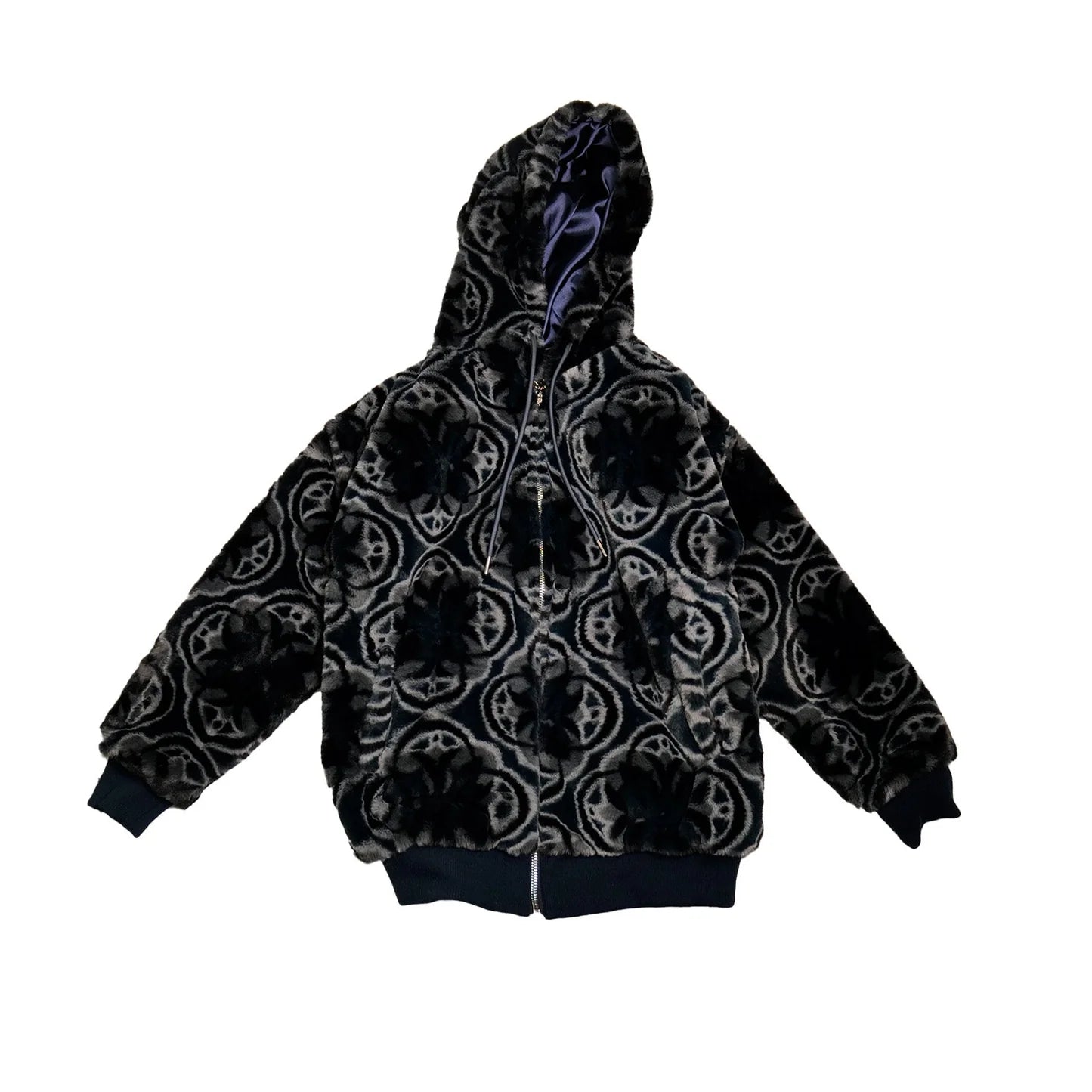 Abstract Circle Print Faux Fur Hooded Jacket | Black Cozy Streetwear Zip-Up Coat