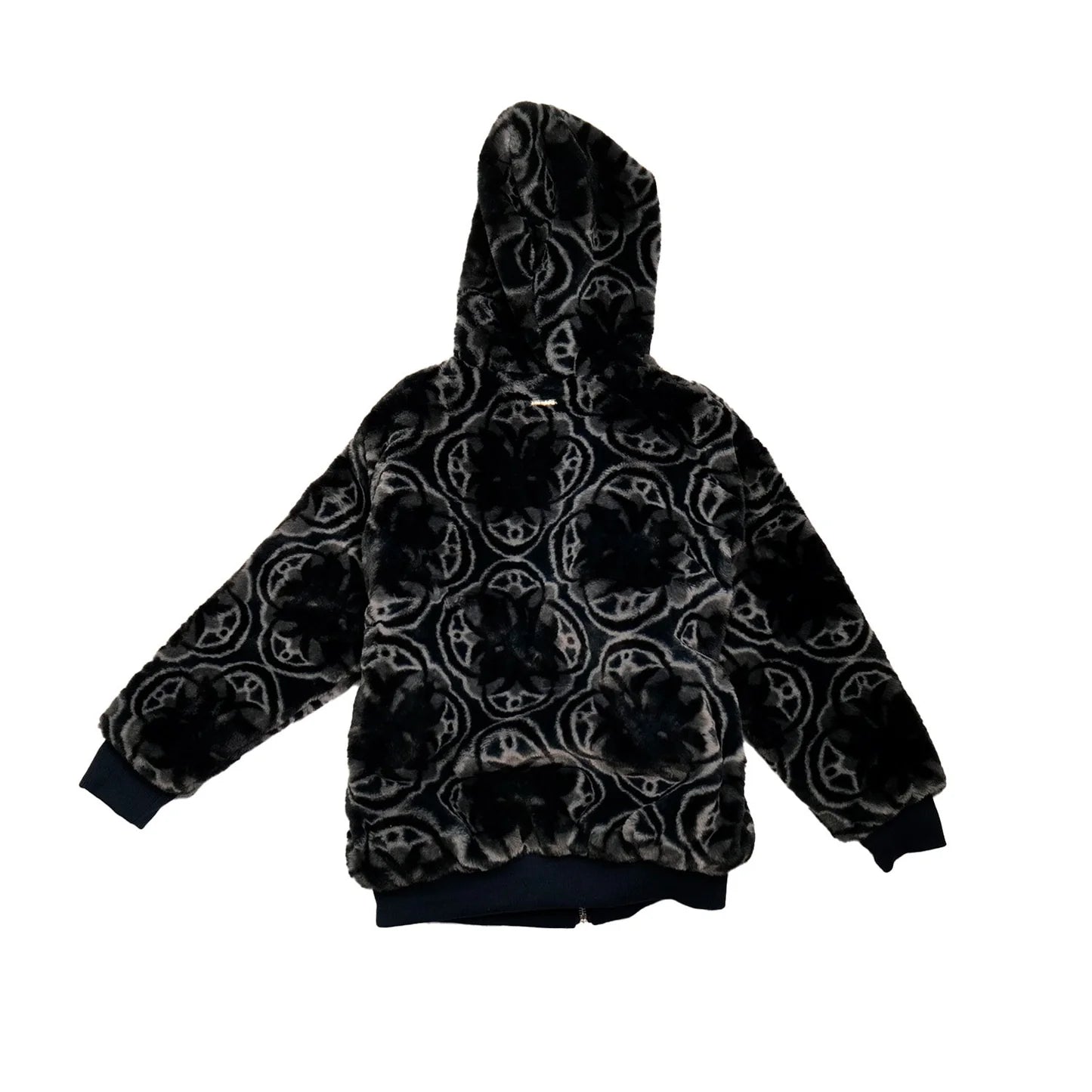 Abstract Circle Print Faux Fur Hooded Jacket | Black Cozy Streetwear Zip-Up Coat