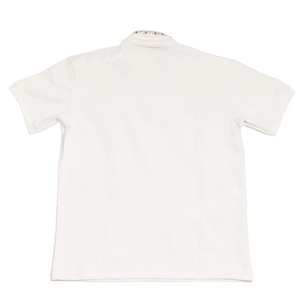 JEVPE men's vintage Watson sport running polo shirt in white with graphic design and studded collar, back view.