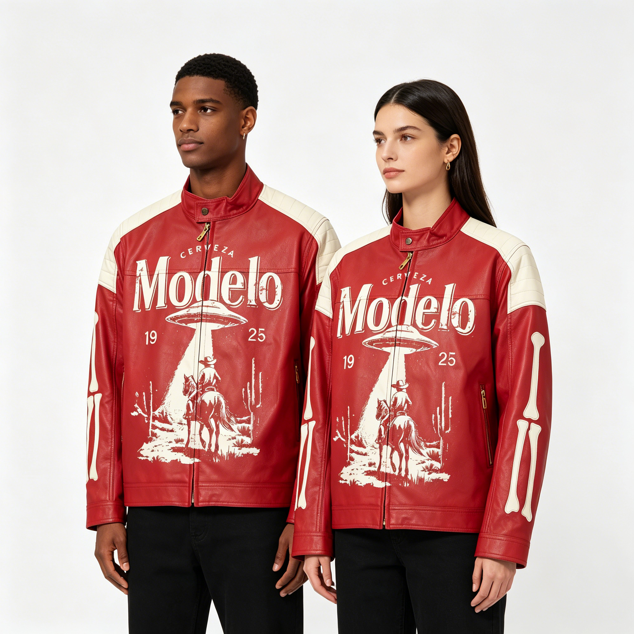 Modelo UFO Cowboy Western Print Biker Leather Jacket | Red & White Streetwear Moto Coat