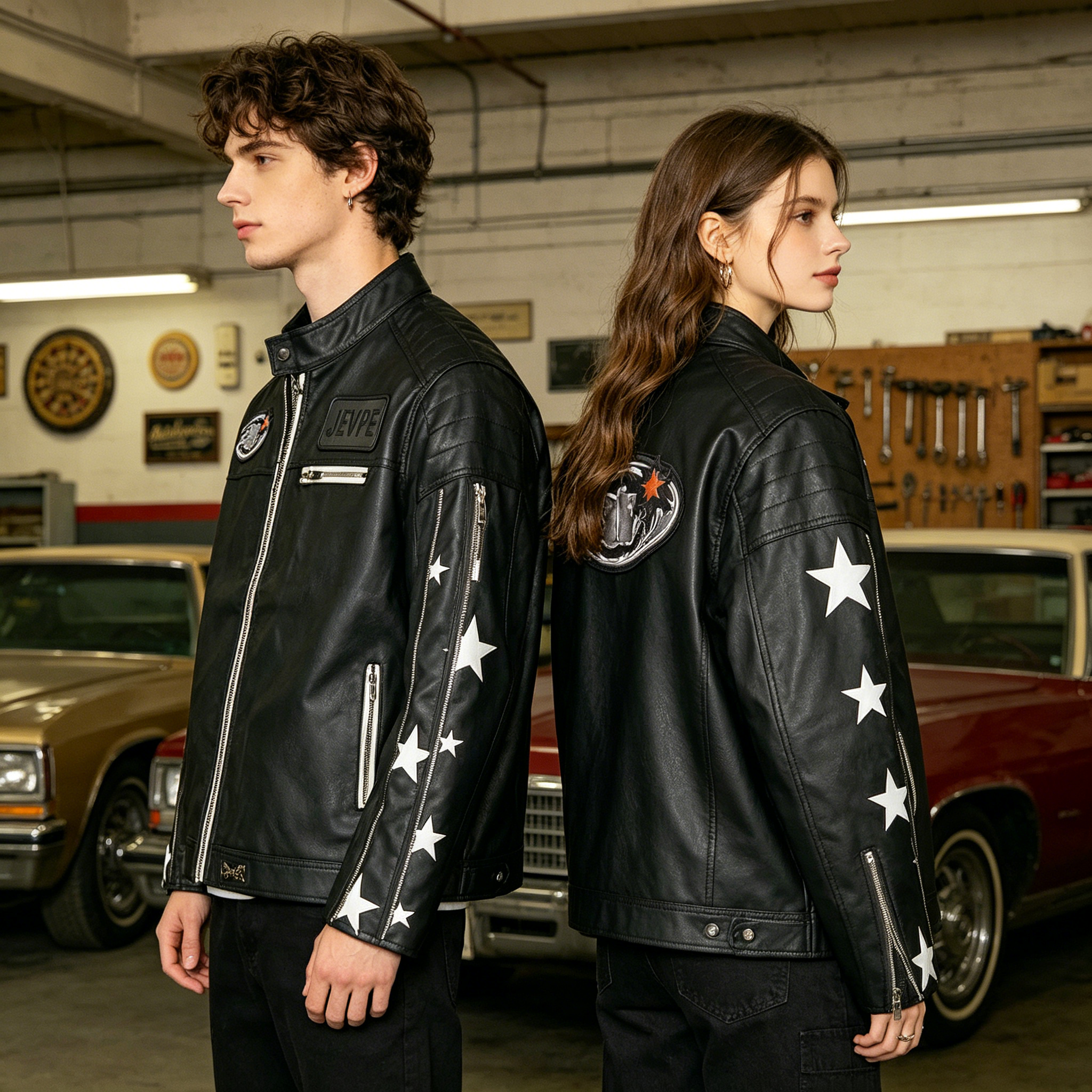 JEVPE Star Print Multi-Zip Biker Leather Jacket | Black Streetwear Moto Outerwear