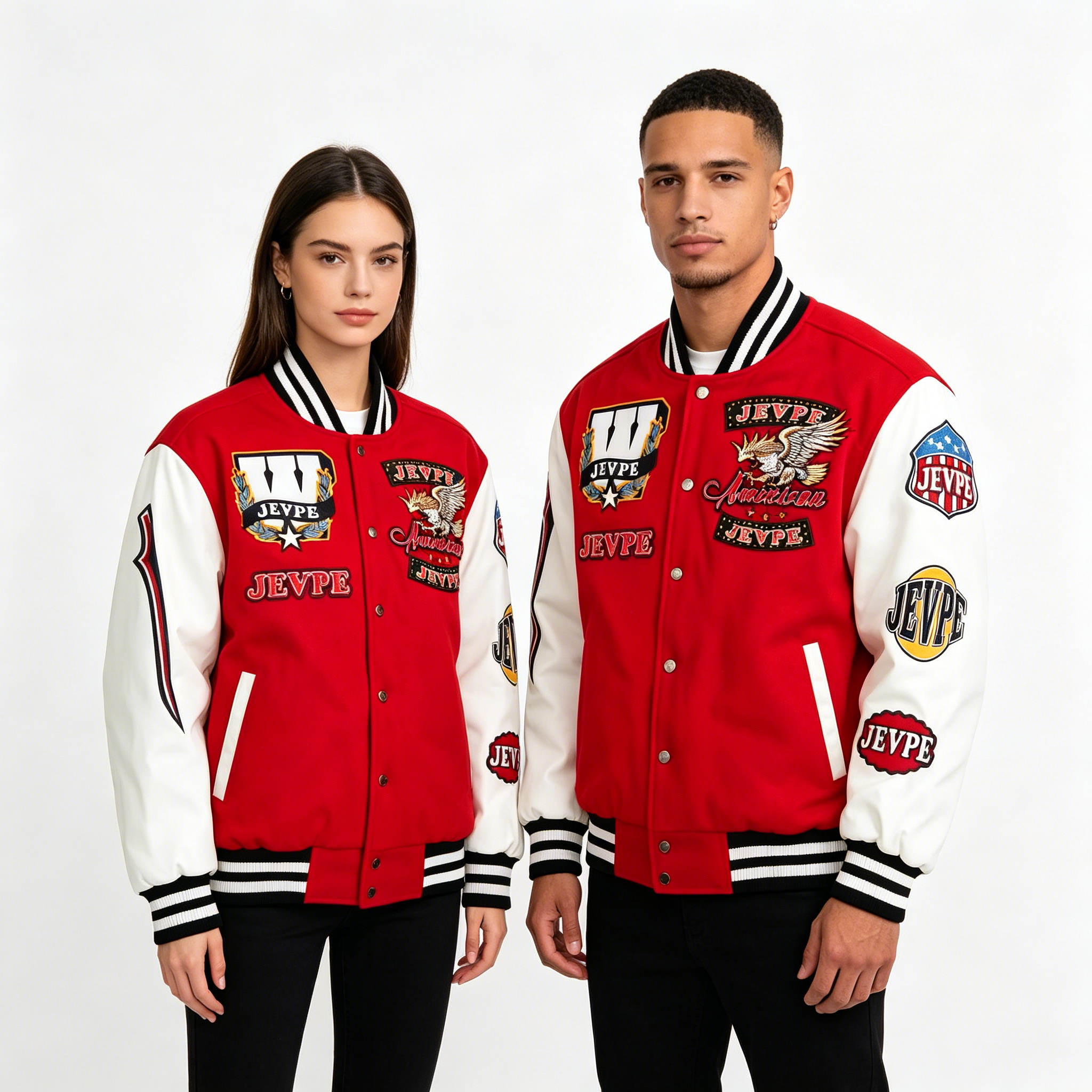 JEVPE Multi-Patch American Eagle Embroidered Varsity Jacket | Red & White Streetwear Bomber Coat