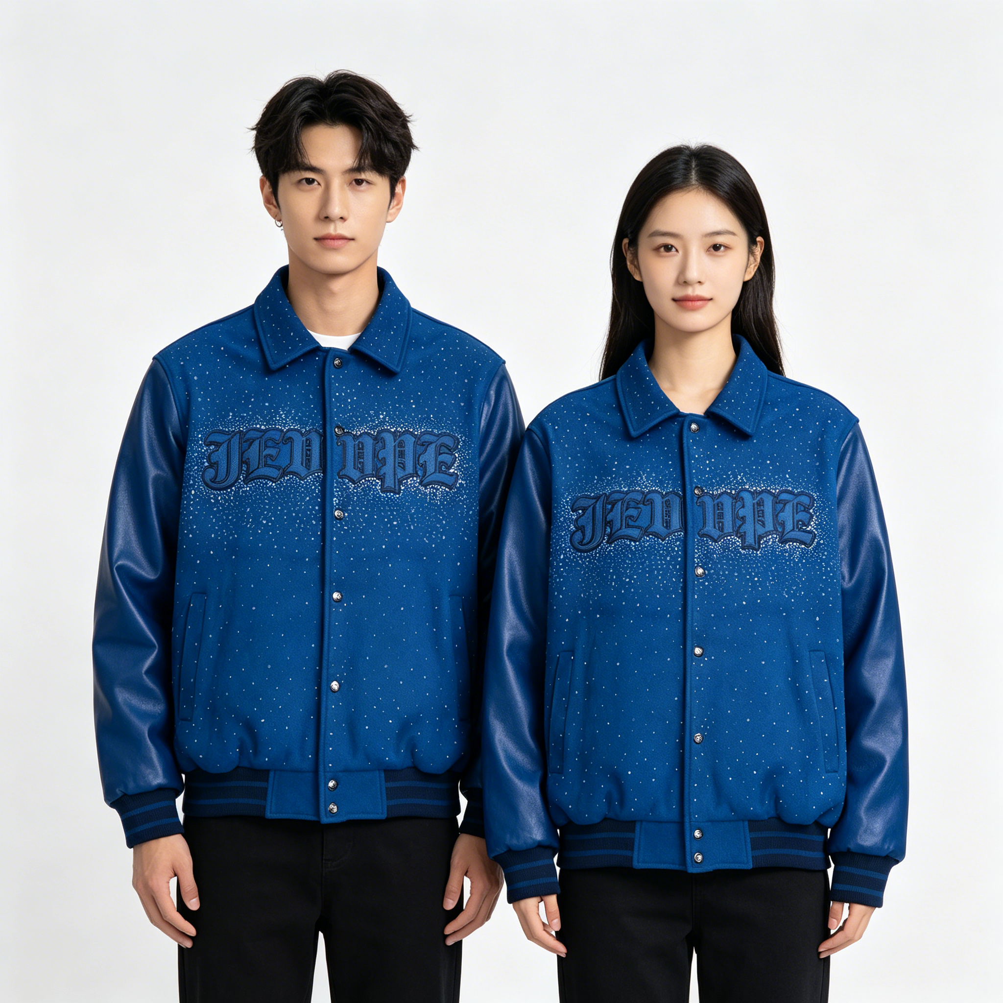 JEVPE Rhinestone Starry Embroidered Varsity Jacket | Blue Leather-Sleeve Streetwear Coat