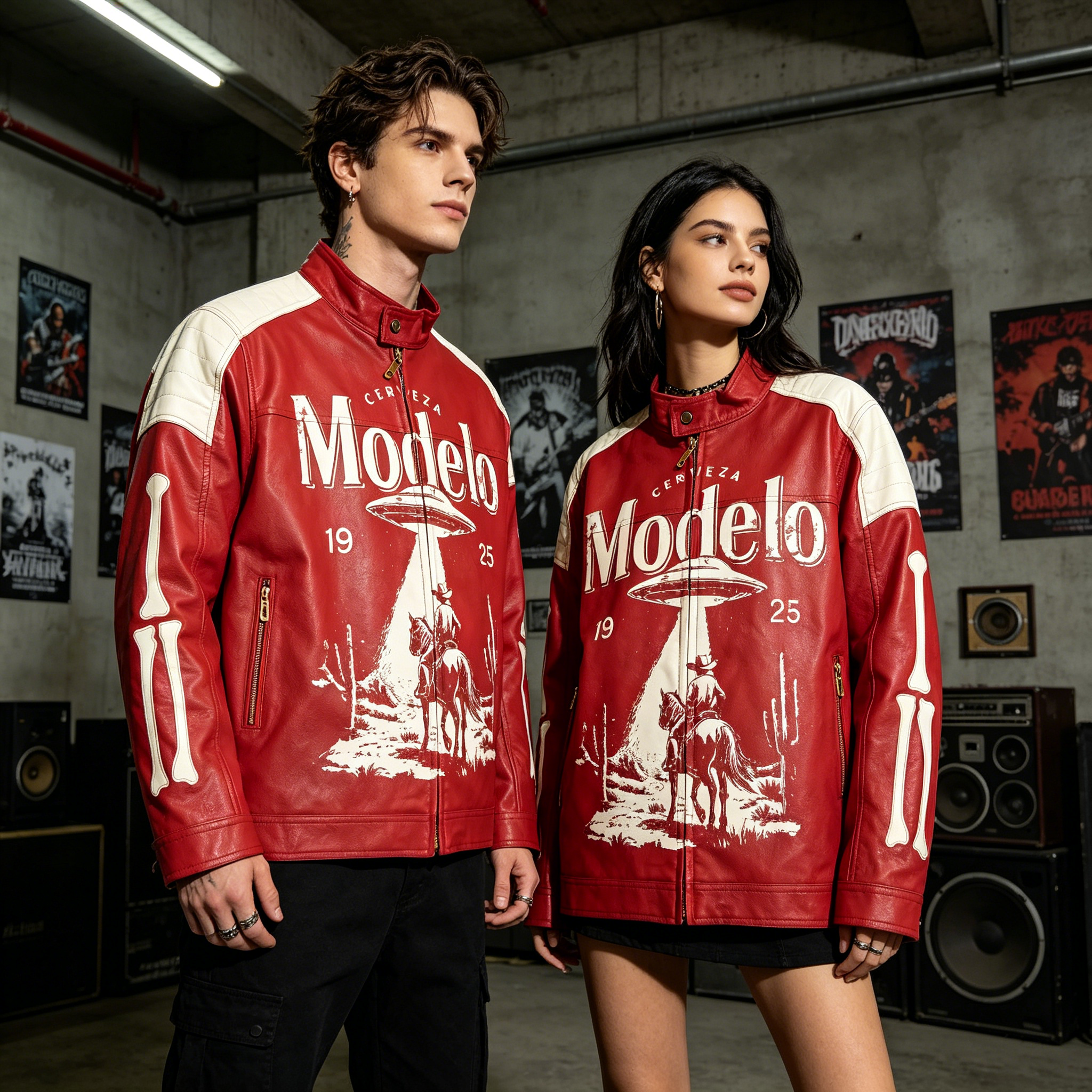 Modelo UFO Cowboy Western Print Biker Leather Jacket | Red & White Streetwear Moto Coat