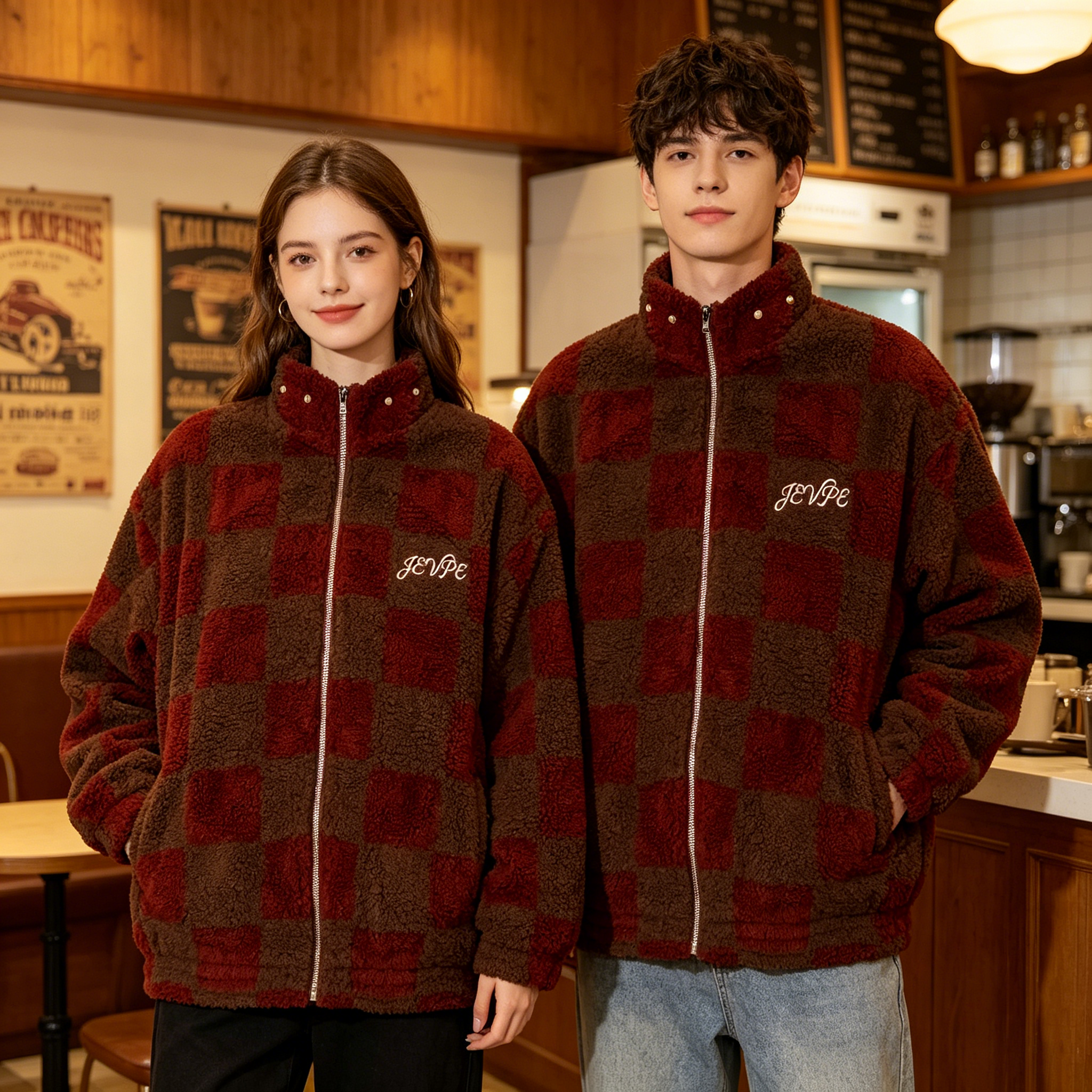 JEVPE Brown & Red Checkered Sherpa Fleece Jacket | Cozy Streetwear Zip-Up Coat