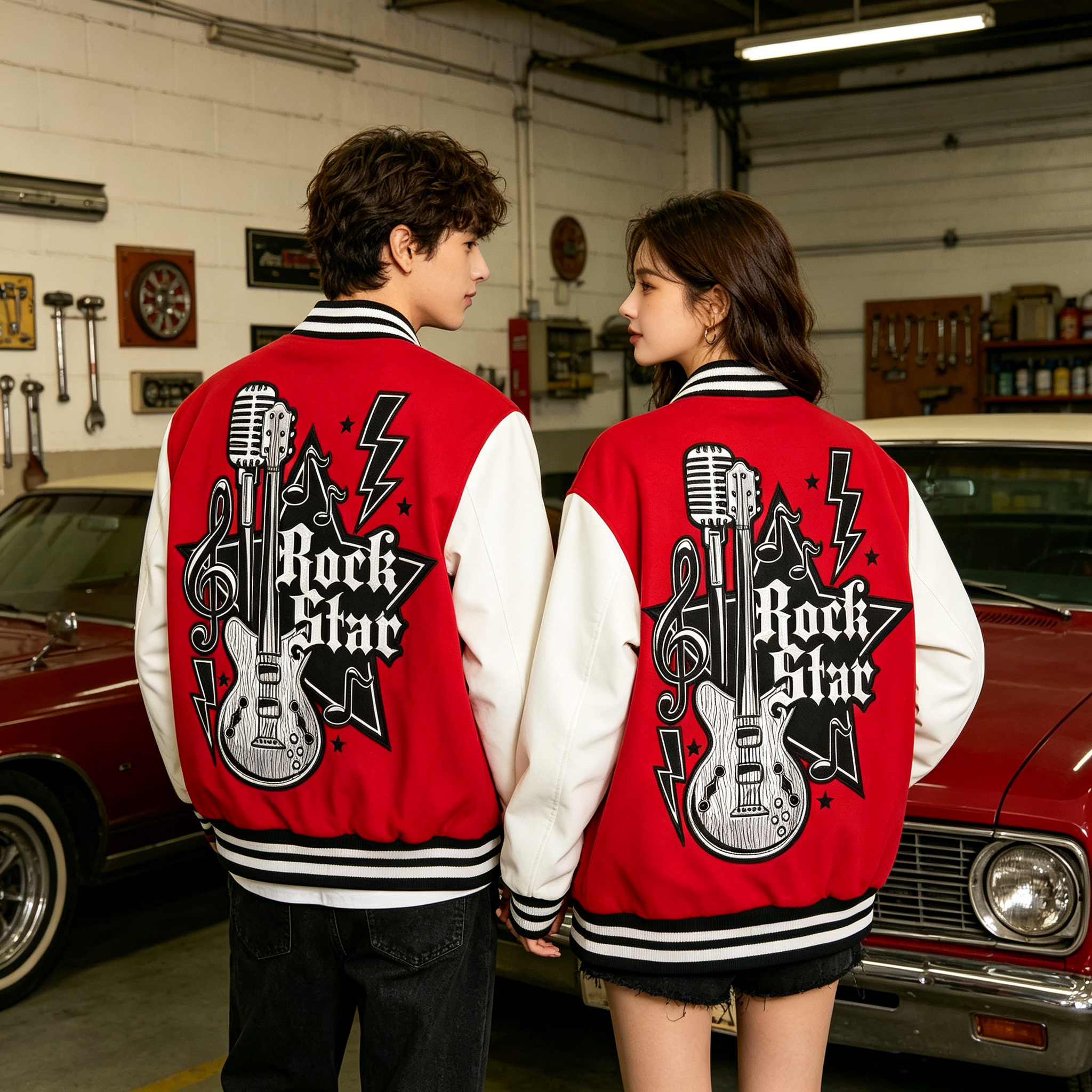 JEVPE Multi-Patch American Eagle Embroidered Varsity Jacket | Red & White Streetwear Bomber Coat