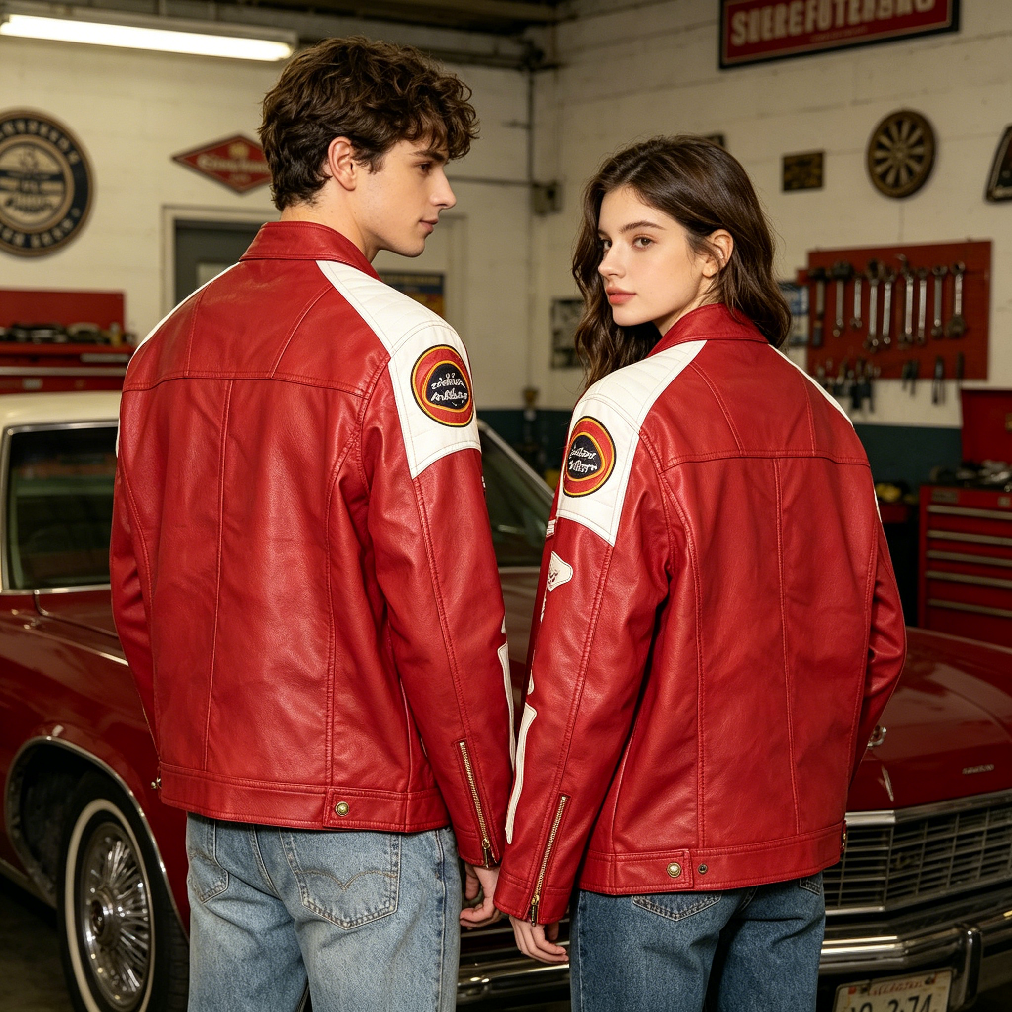 Modelo UFO Cowboy Western Print Biker Leather Jacket | Red & White Streetwear Moto Coat