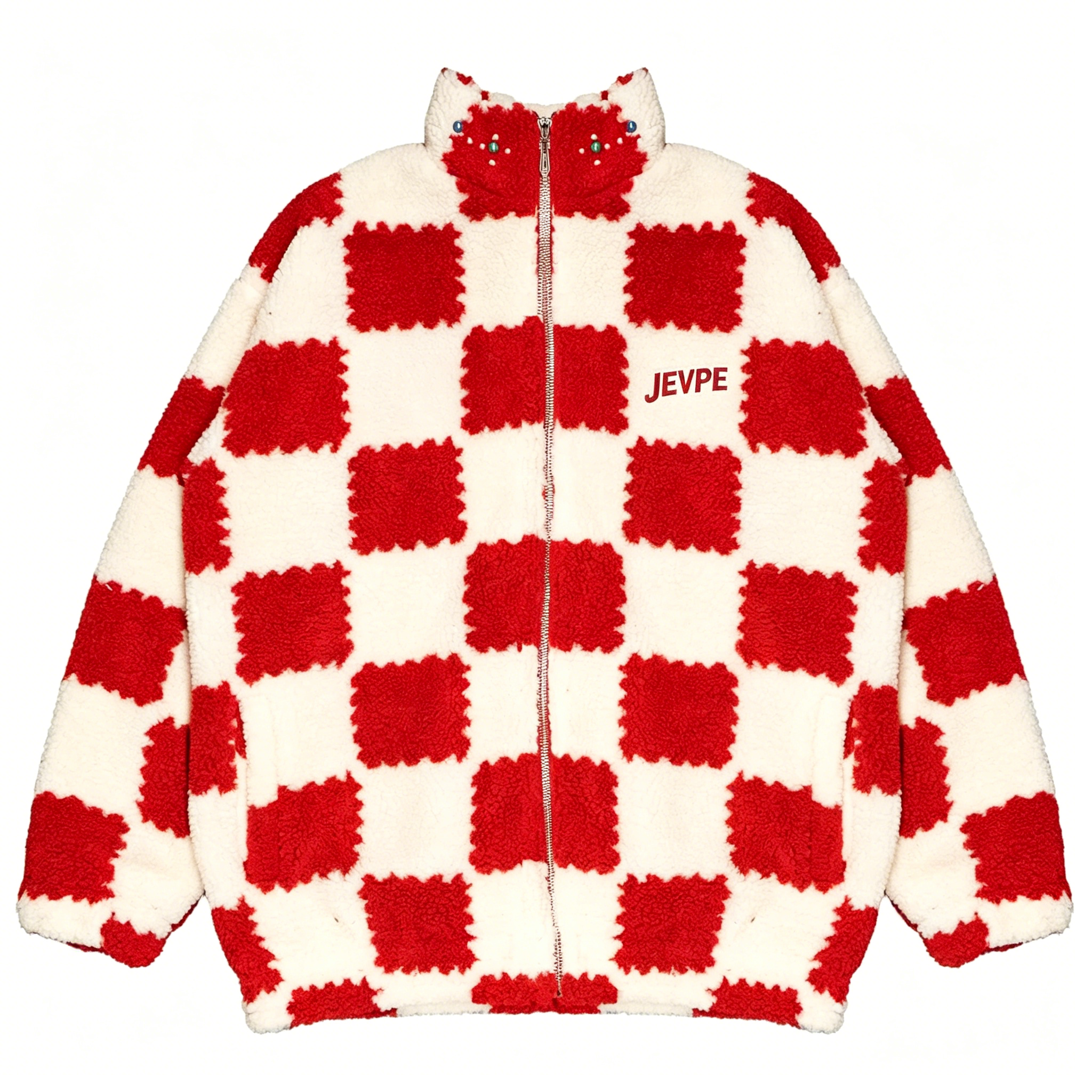 JEVPE Red & White Checkerboard Sherpa Fleece Jacket | Cozy Streetwear Zip-Up Coat