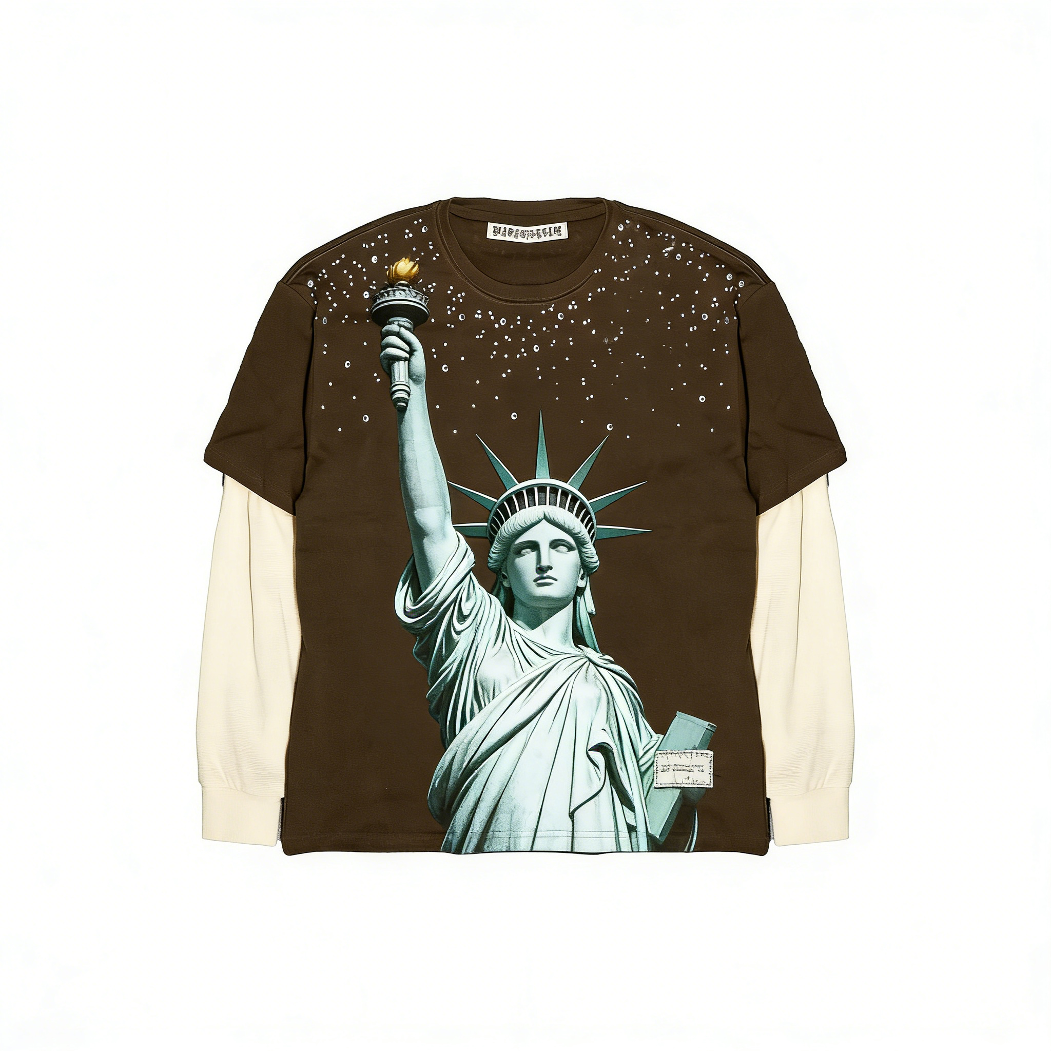 JEVPE men's oversized Statue of Liberty graphic long sleeve T-shirt featuring a bold two-piece design with Statue of Liberty print.