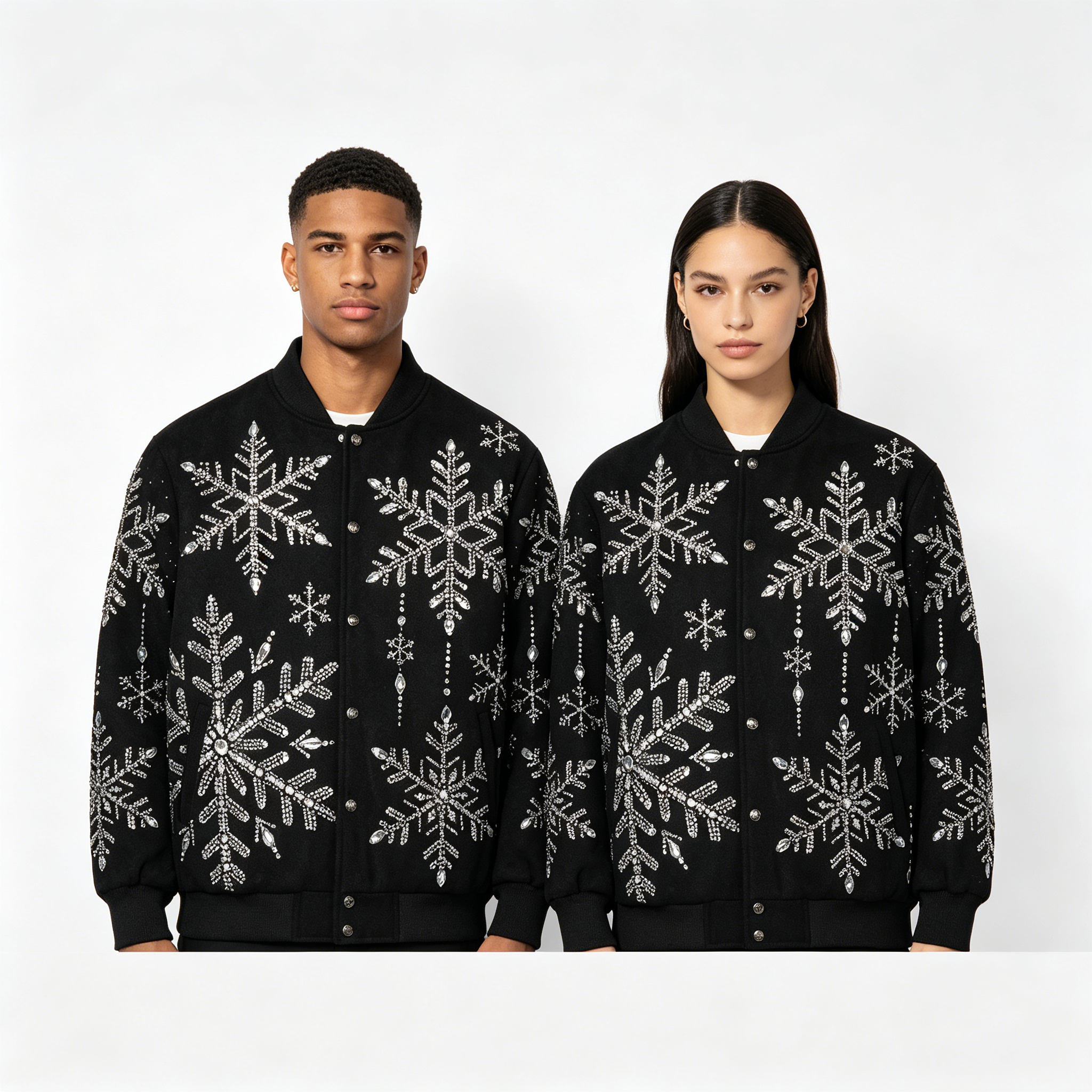 Rhinestone Snowflake Varsity Jacket | Black Sparkly Embellished Streetwear Bomber Coat
