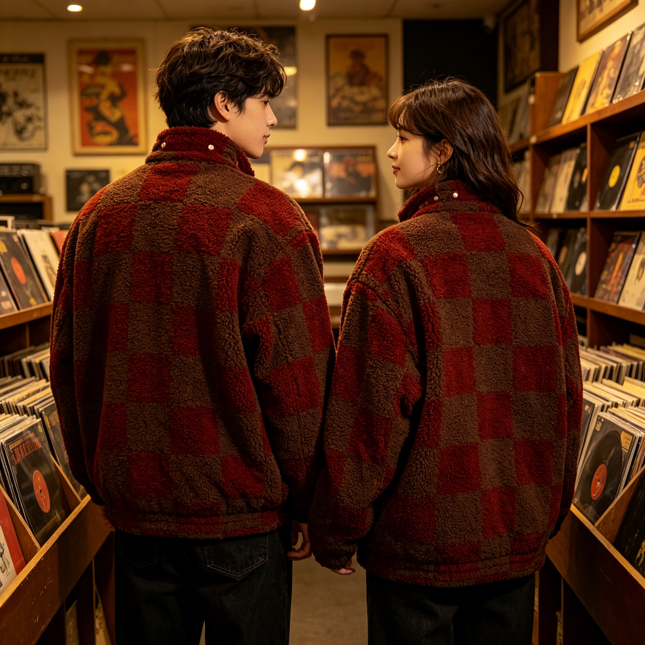 JEVPE Brown & Red Checkered Sherpa Fleece Jacket | Cozy Streetwear Zip-Up Coat