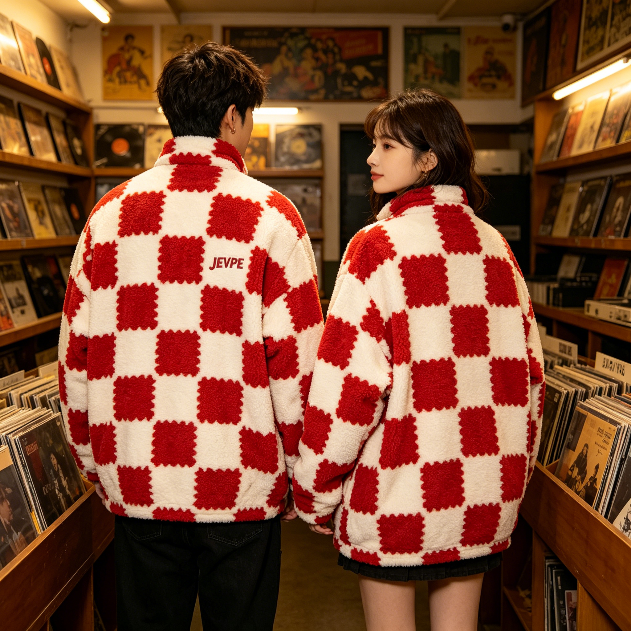 JEVPE Red & White Checkerboard Sherpa Fleece Jacket | Cozy Streetwear Zip-Up Coat