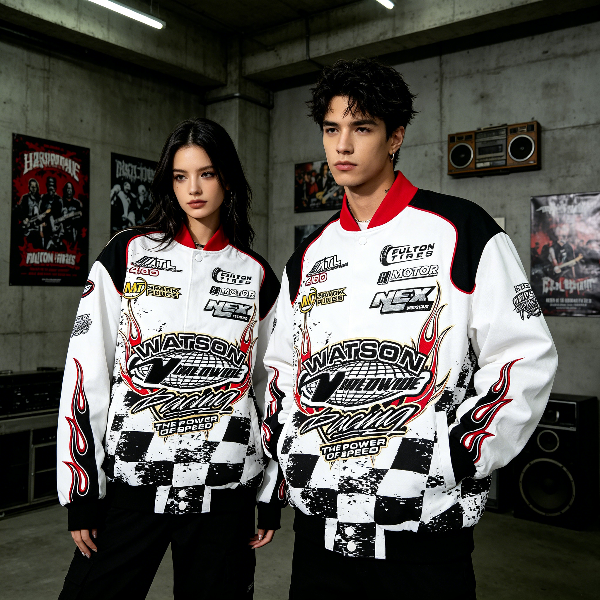 JEVPE Racing Flame Print Bomber Jacket | White & Red Streetwear Moto Coat