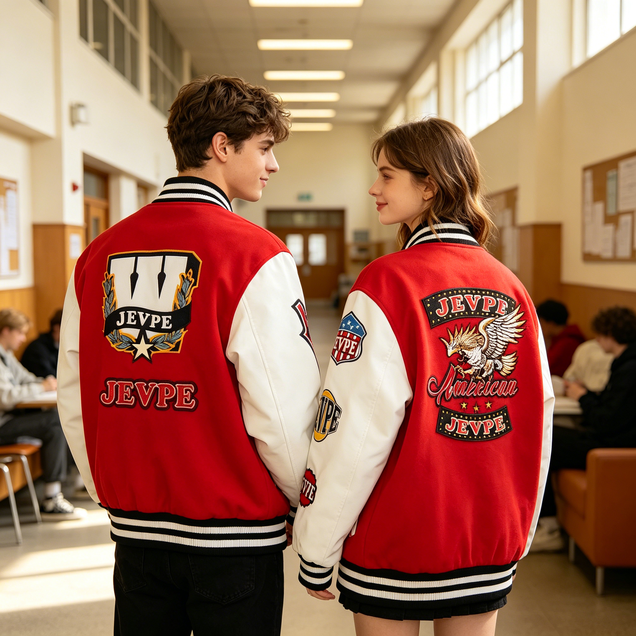 JEVPE Multi-Patch American Eagle Embroidered Varsity Jacket | Red & White Streetwear Bomber Coat