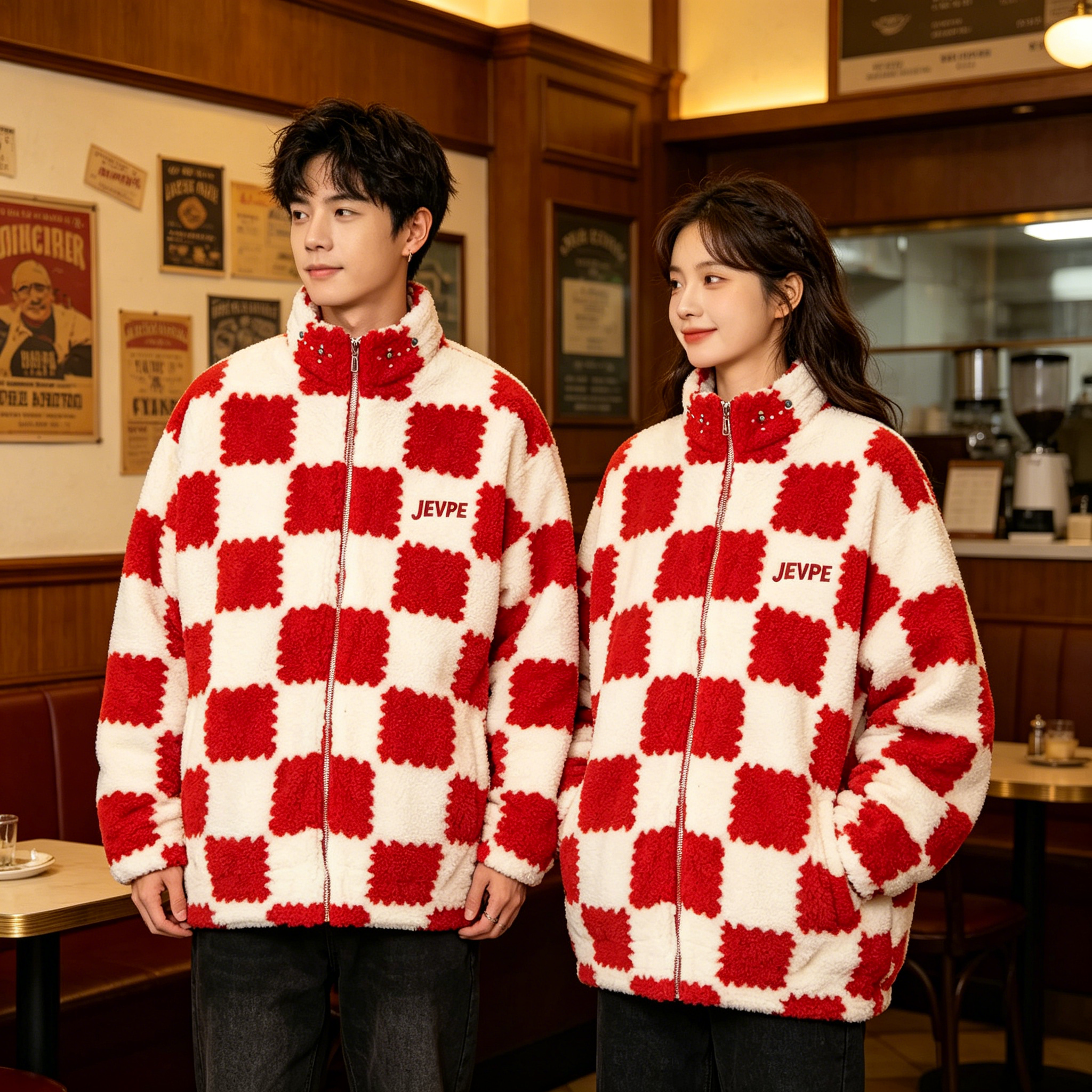JEVPE Red & White Checkerboard Sherpa Fleece Jacket | Cozy Streetwear Zip-Up Coat