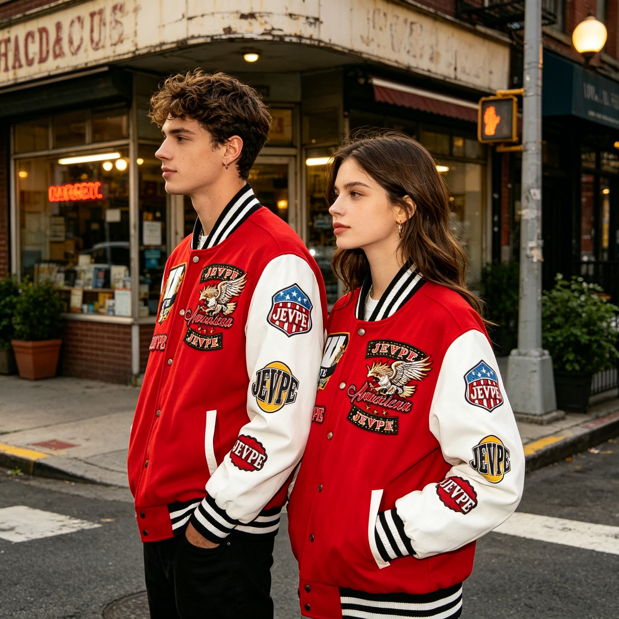 JEVPE Multi-Patch American Eagle Embroidered Varsity Jacket | Red & White Streetwear Bomber Coat