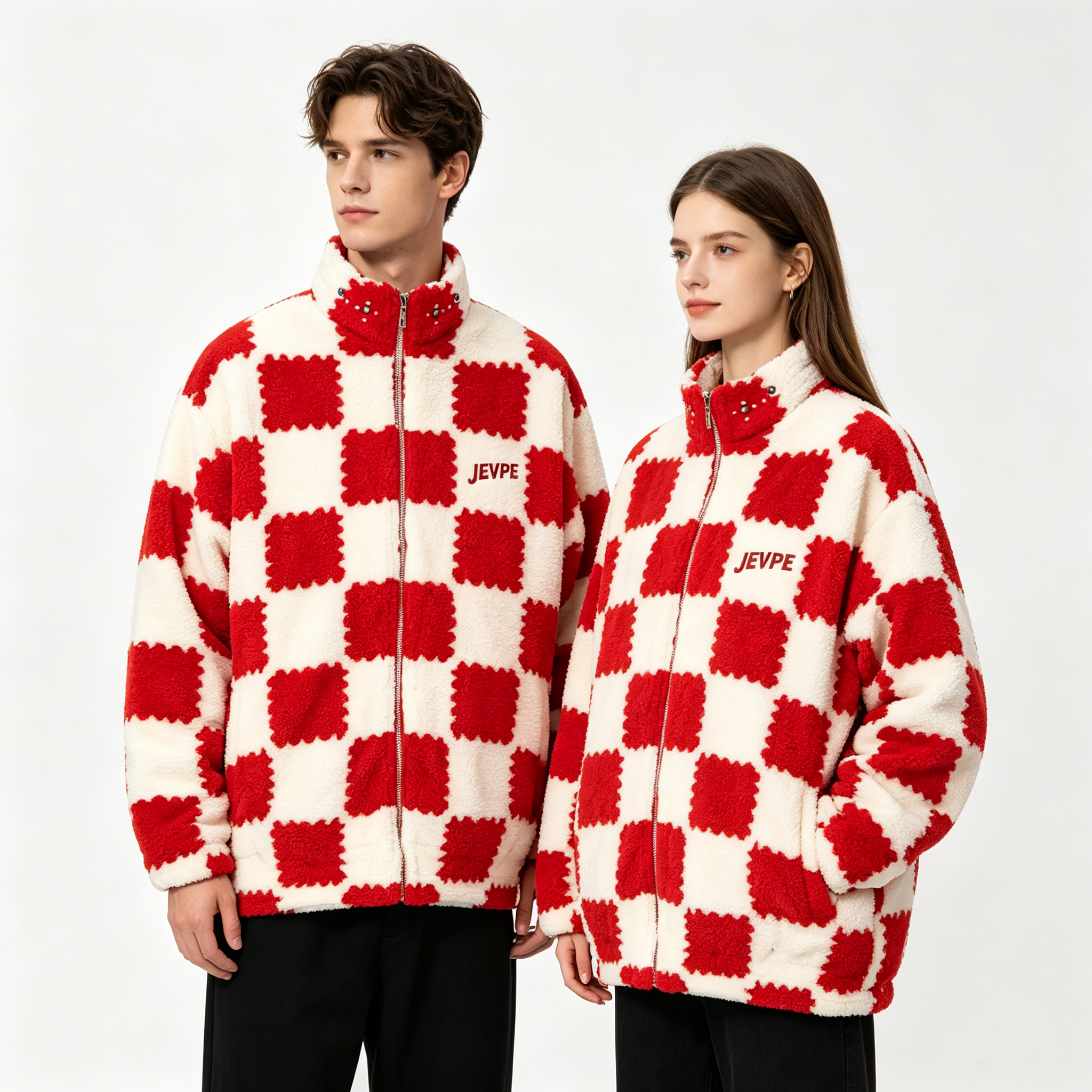 JEVPE Red & White Checkerboard Sherpa Fleece Jacket | Cozy Streetwear Zip-Up Coat