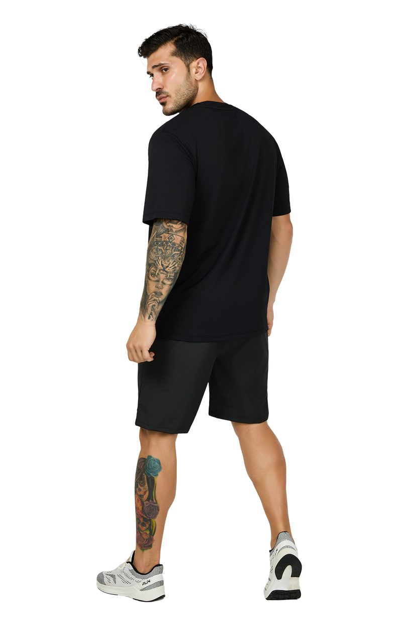 JEVPE men's black short sleeve athletic T-shirt with sweat-wicking, quick-dry fabric, slim fit, and compression for outdoor activities.