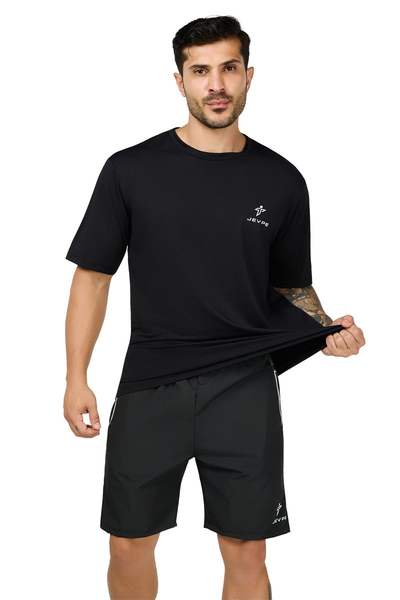 JEVPE men's black short sleeve athletic T-shirt with sweat-wicking, quick-dry fabric, slim fit, ideal for outdoor sports and casual wear.