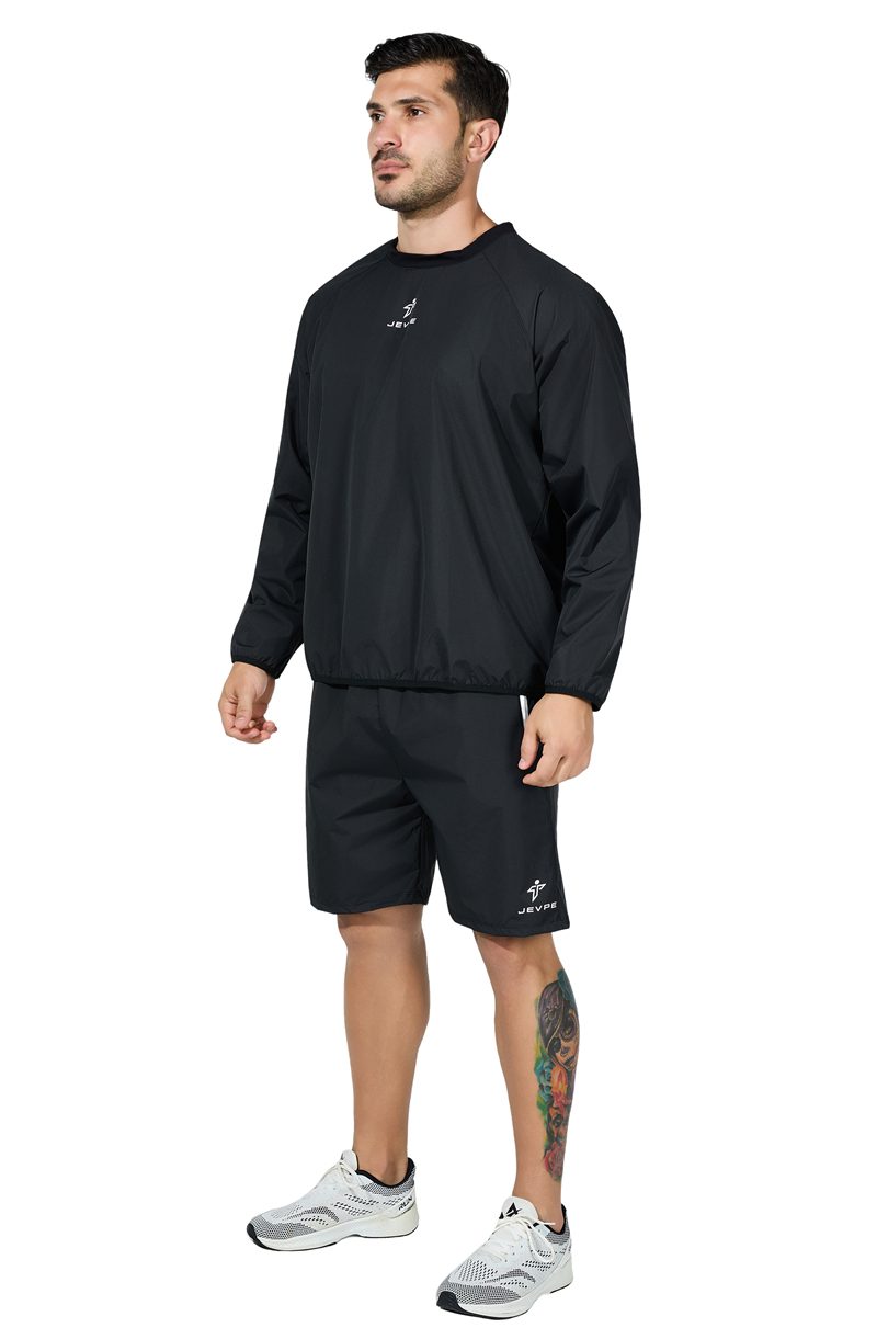 Black JEVPE sauna sweatshirt windbreaker for men and women, suitable for gym, boxing, and outdoor training activities.