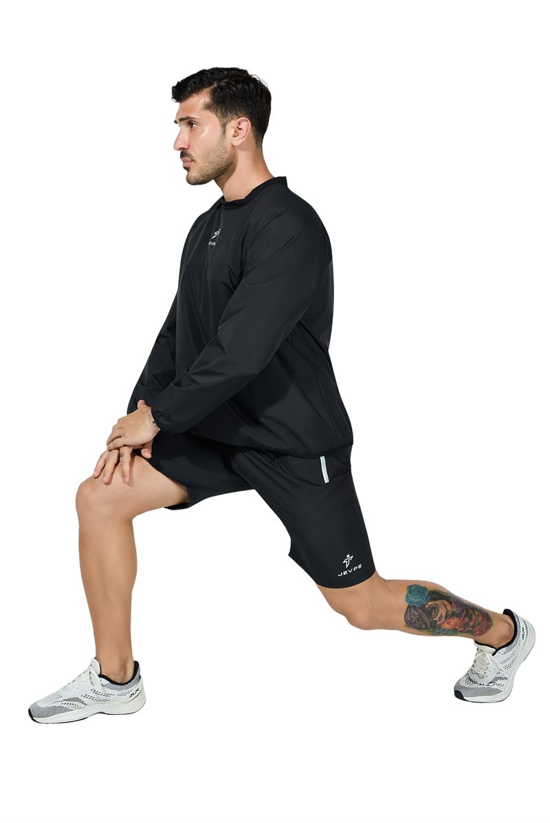 Black JEVPE sauna sweatshirt and windbreaker for men and women, suitable for gym, boxing, and outdoor training activities.