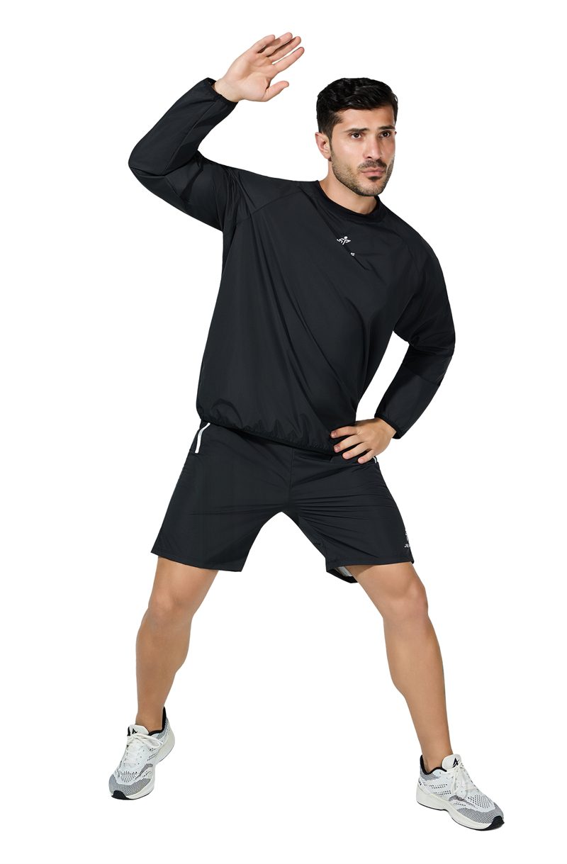 Black JEVPE sauna sweatshirt windbreaker for women and men, suitable for gym, boxing, and outdoor training activities.