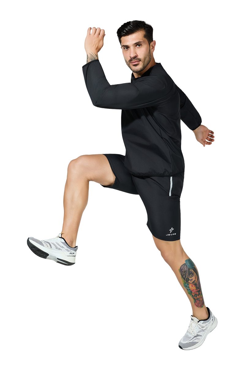 Black JEVPE sauna sweatshirt windbreaker for women and men, suitable for gym, boxing, and outdoor training activities.