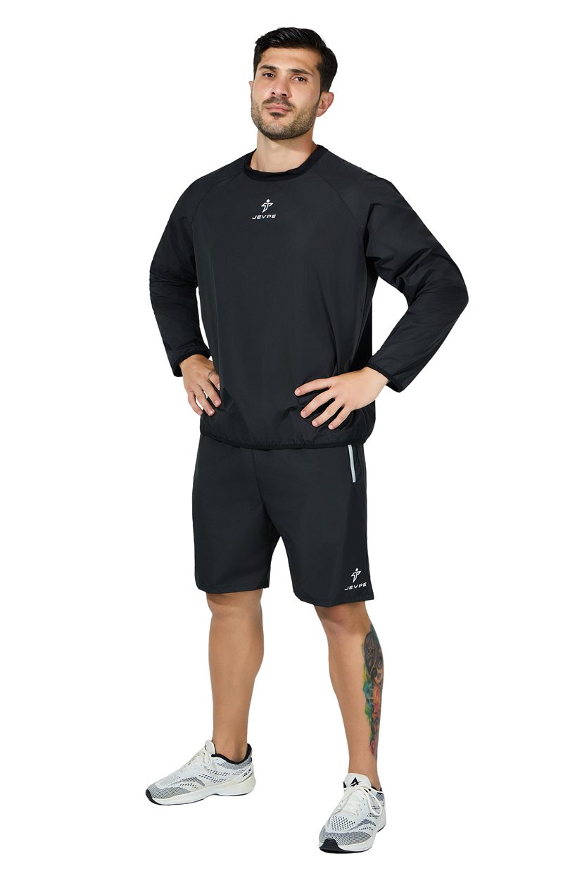 Black JEVPE Sauna Sweatshirt windbreaker for men and women, suitable for gym, boxing, training, and outdoor activities.