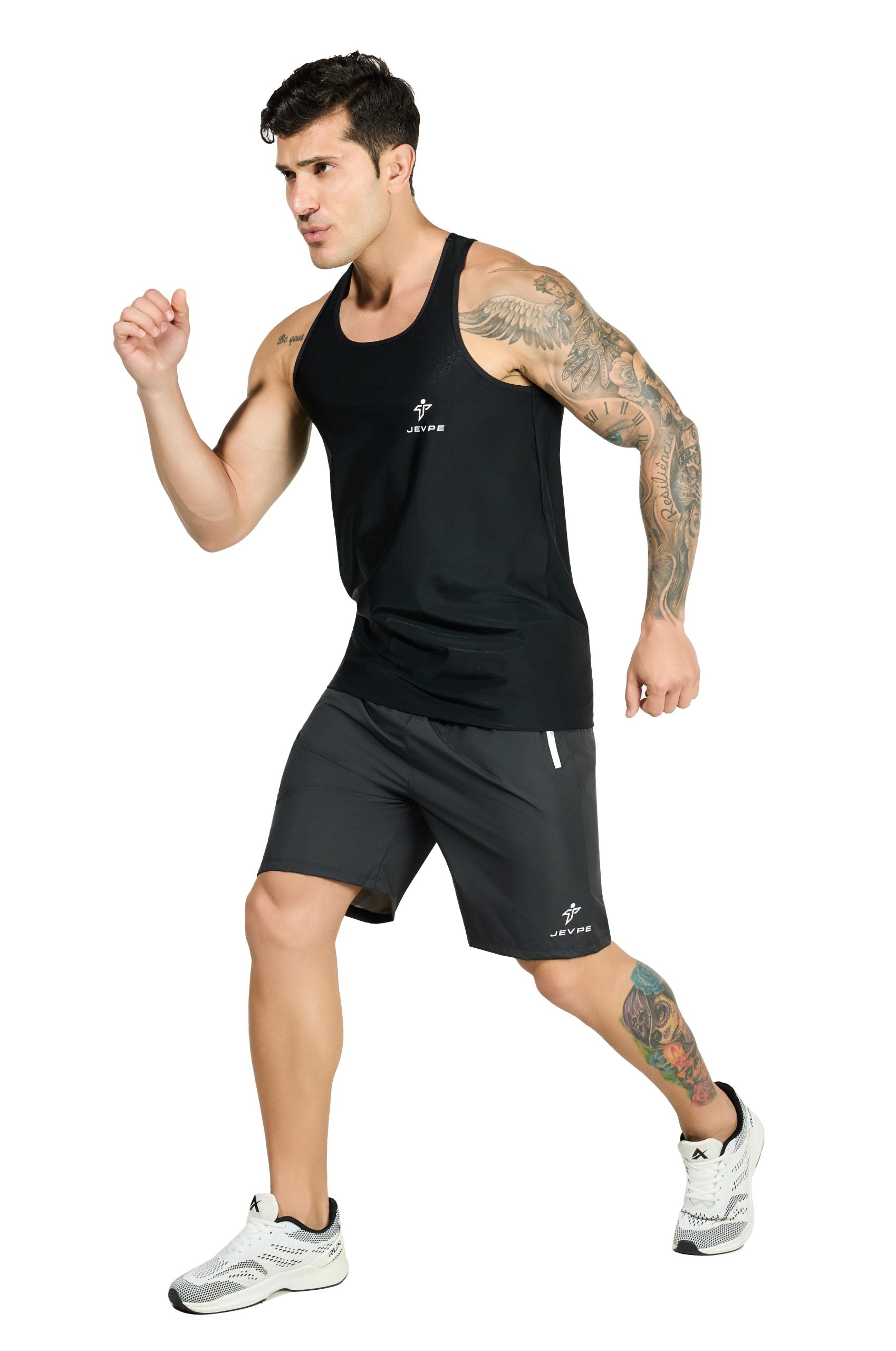 JEVPE men's black seamless compression tank top with high stretch, tummy control, ideal for running and casual all-season wear.