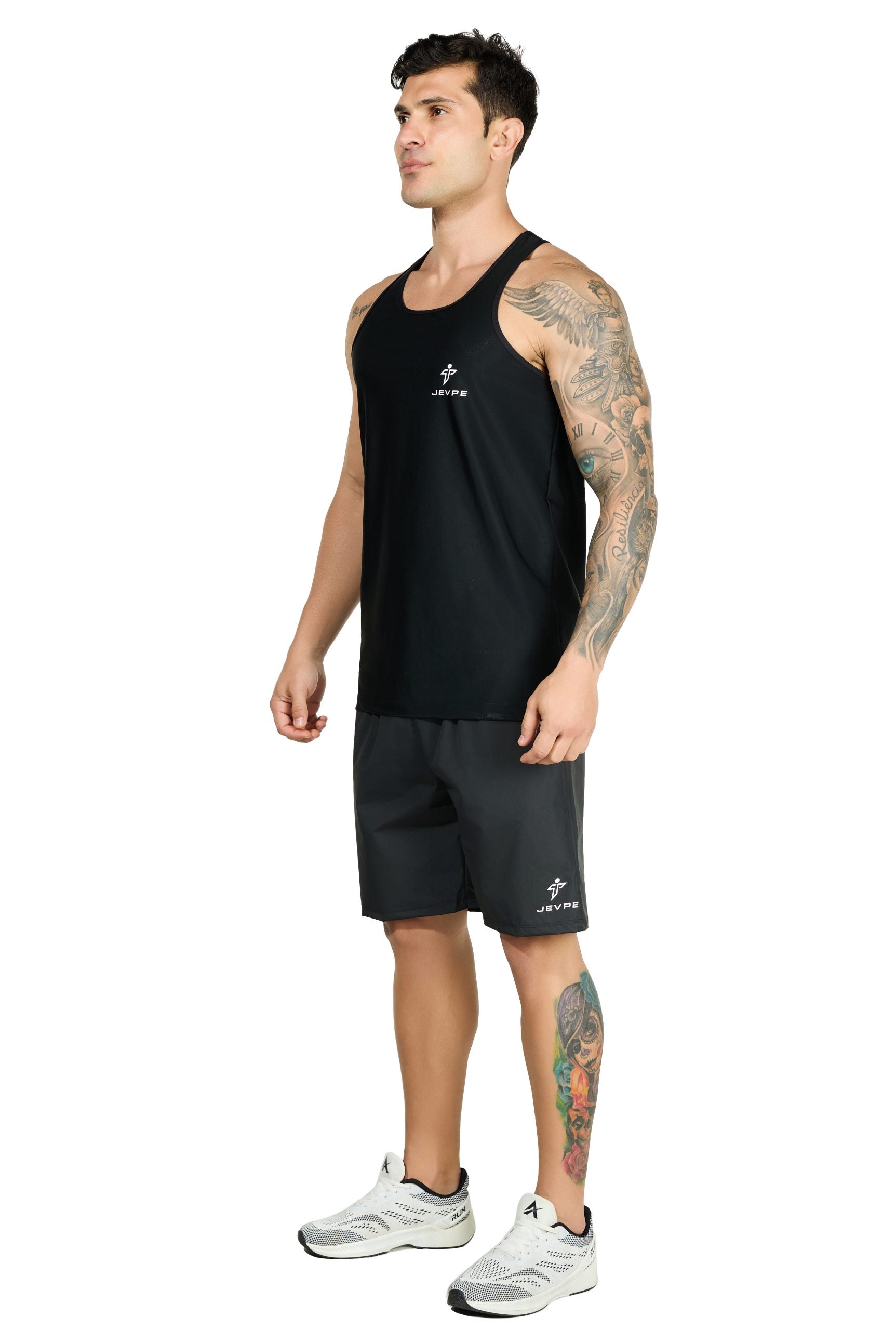 JEVPE men's black seamless compression tank top with high stretch fabric, designed for tummy control, running, and all-season comfort.