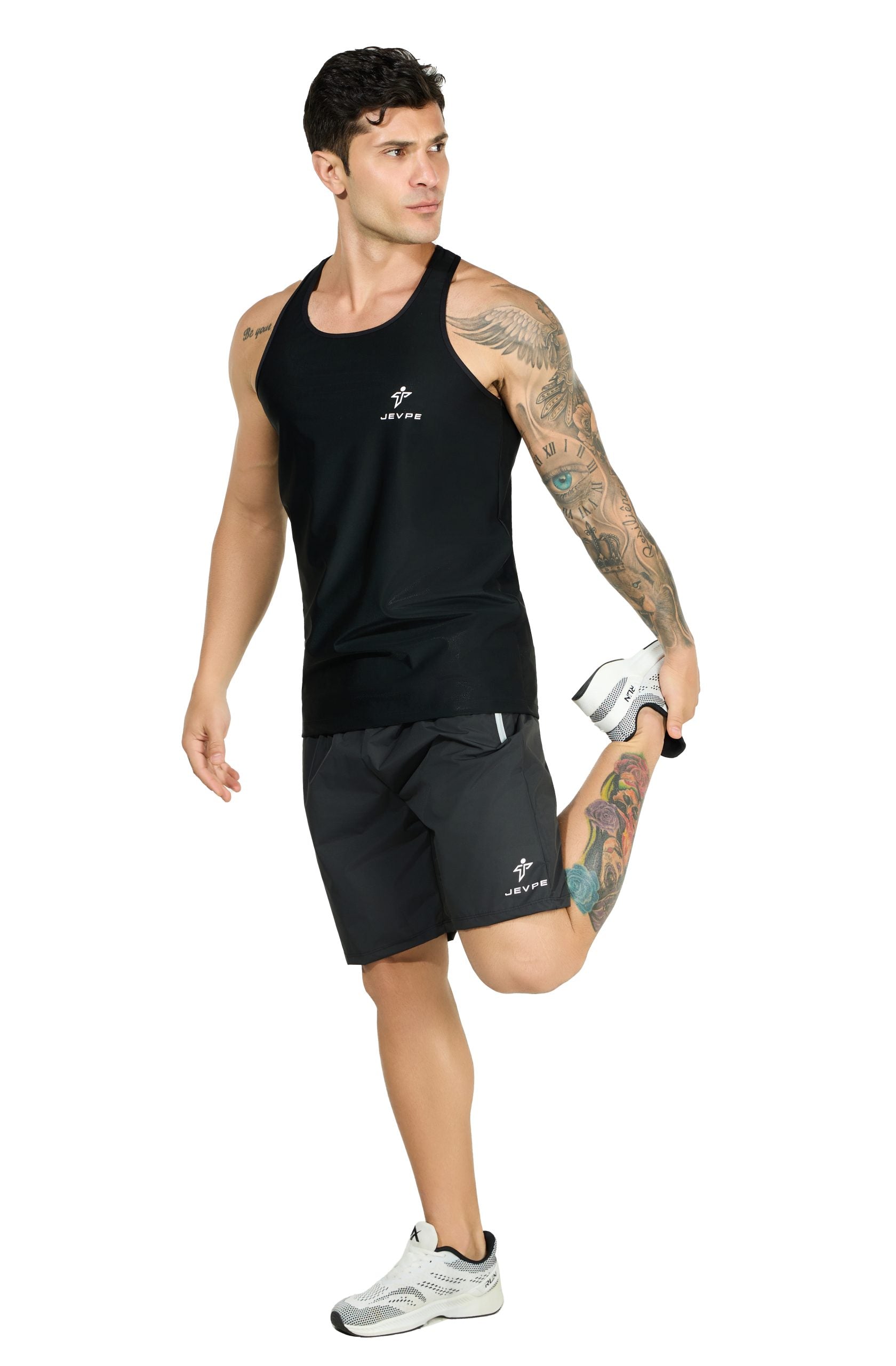 Black JEVPE men's 1-piece compression tank top with high stretch, seamless design, tummy control, and casual, all-season comfort.
