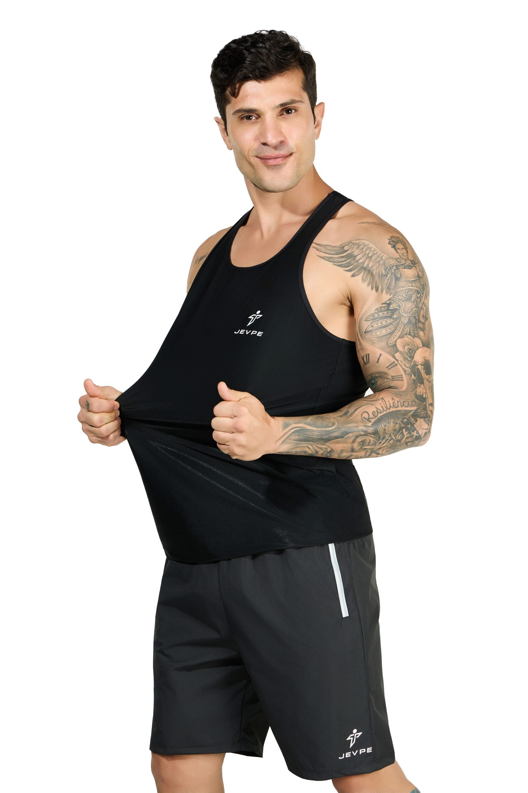 JEVPE men's black compression tank top with high stretch seamless design, tummy control shapewear, ideal for running and casual wear.