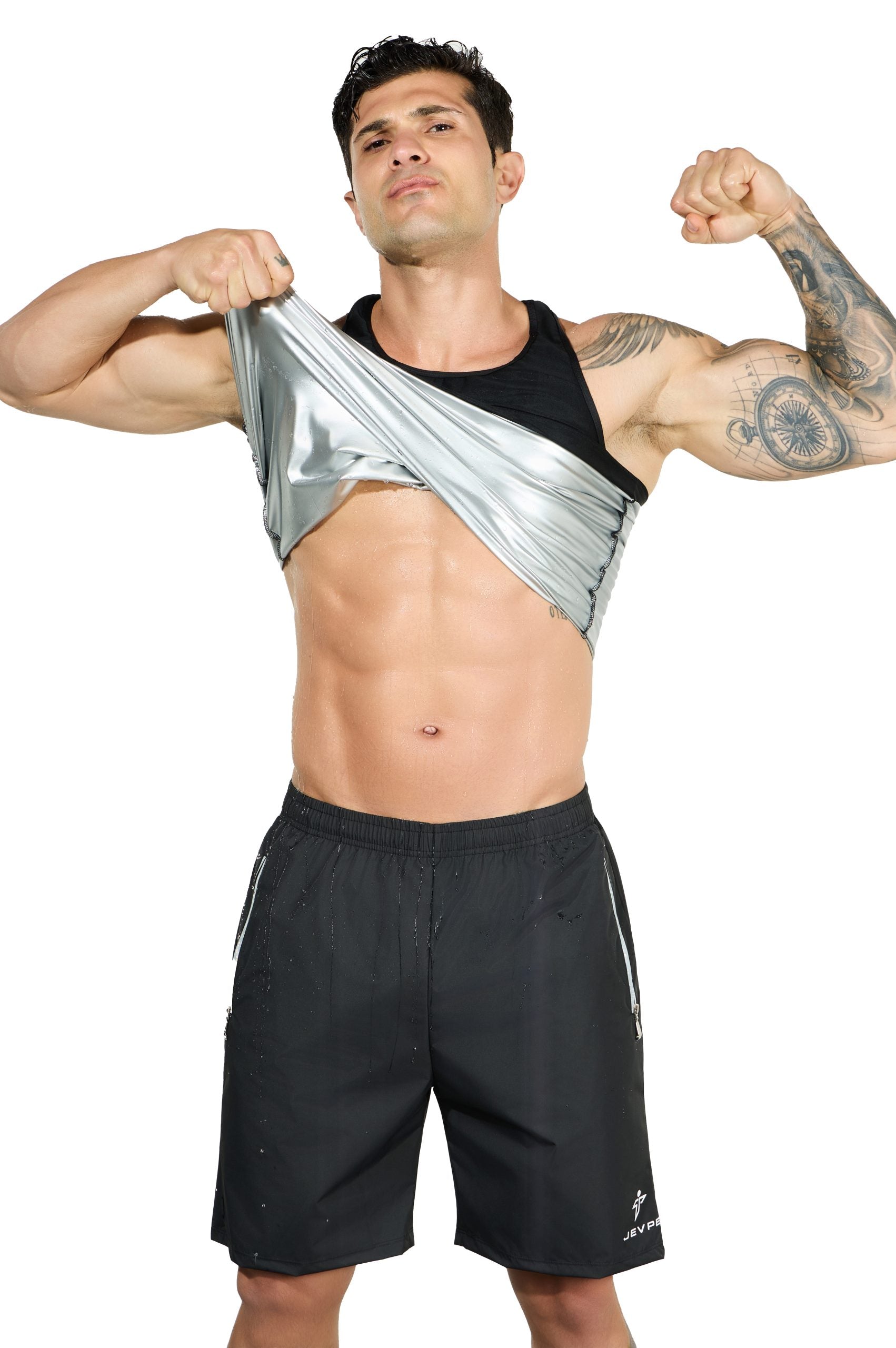 JEVPE men's black compression tank top with high stretch seamless design, tummy control shaping, ideal for running and casual wear