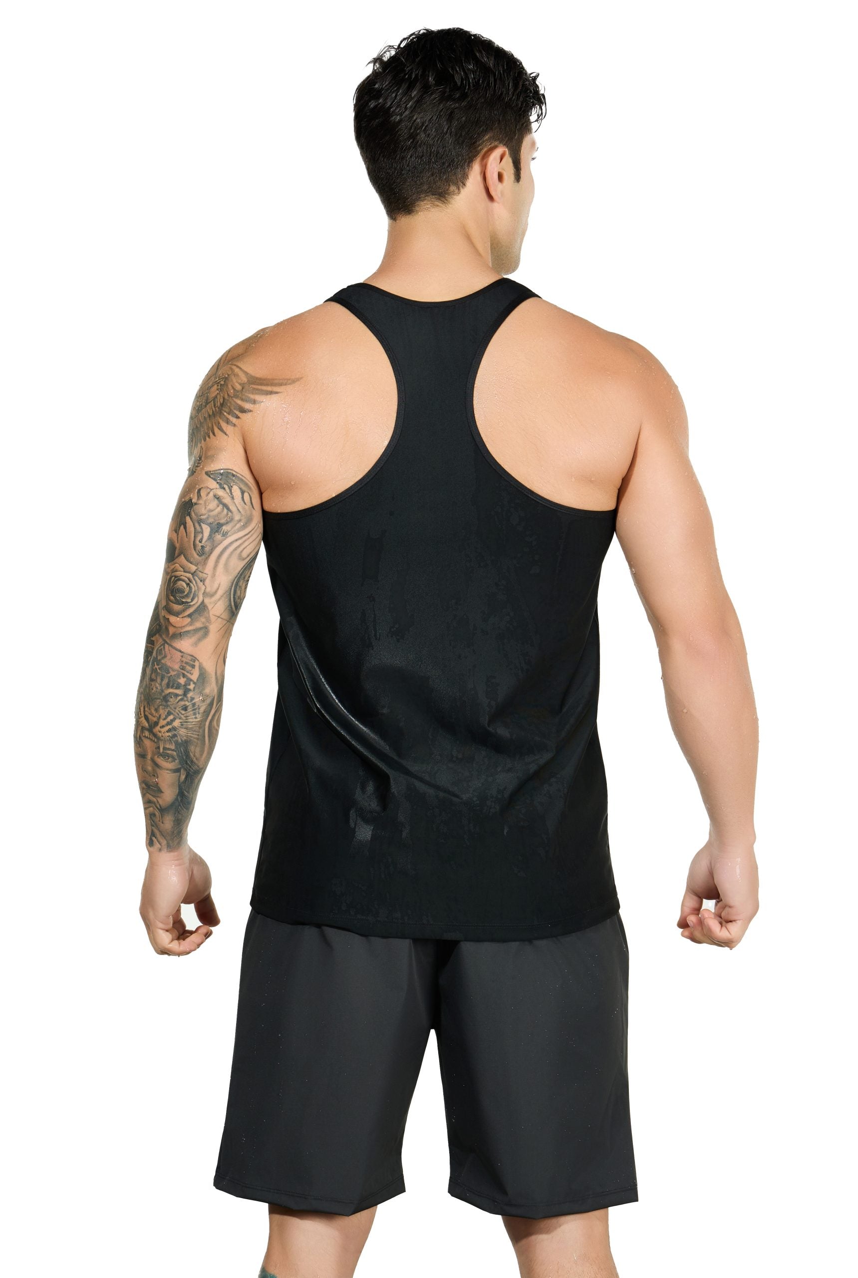 JEVPE men's black compression tank top with high stretch, seamless design, tummy control, and casual fit for all seasons.