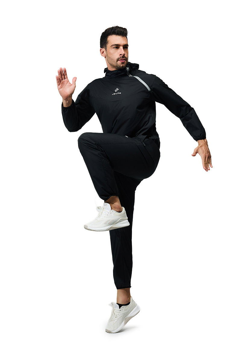 Black JEVPE sauna suit sportswear jacket and pants set for men and women, designed for fitness training and workouts.