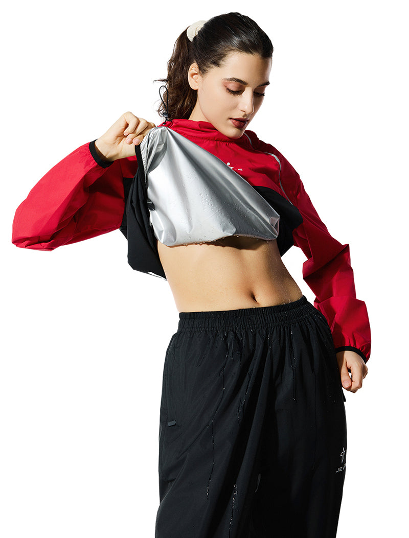 Black JEVPE sauna suit sportswear jacket and pants set for men and women, designed for fitness training and workout sessions.
