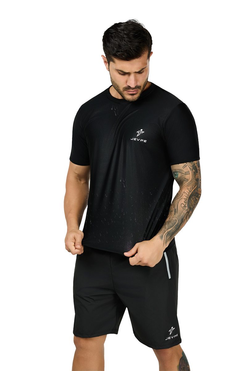 Black JEVPE Sweat Shaper men's sauna shirt, short sleeve athletic compression tee for workout and performance baselayer.