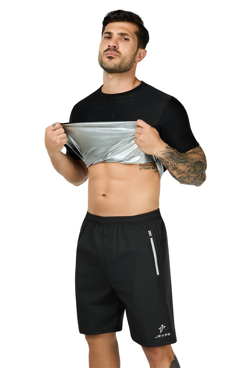 Black JEVPE men's sauna sweat shaper athletic compression shirt, short sleeve performance baselayer for workout and training.