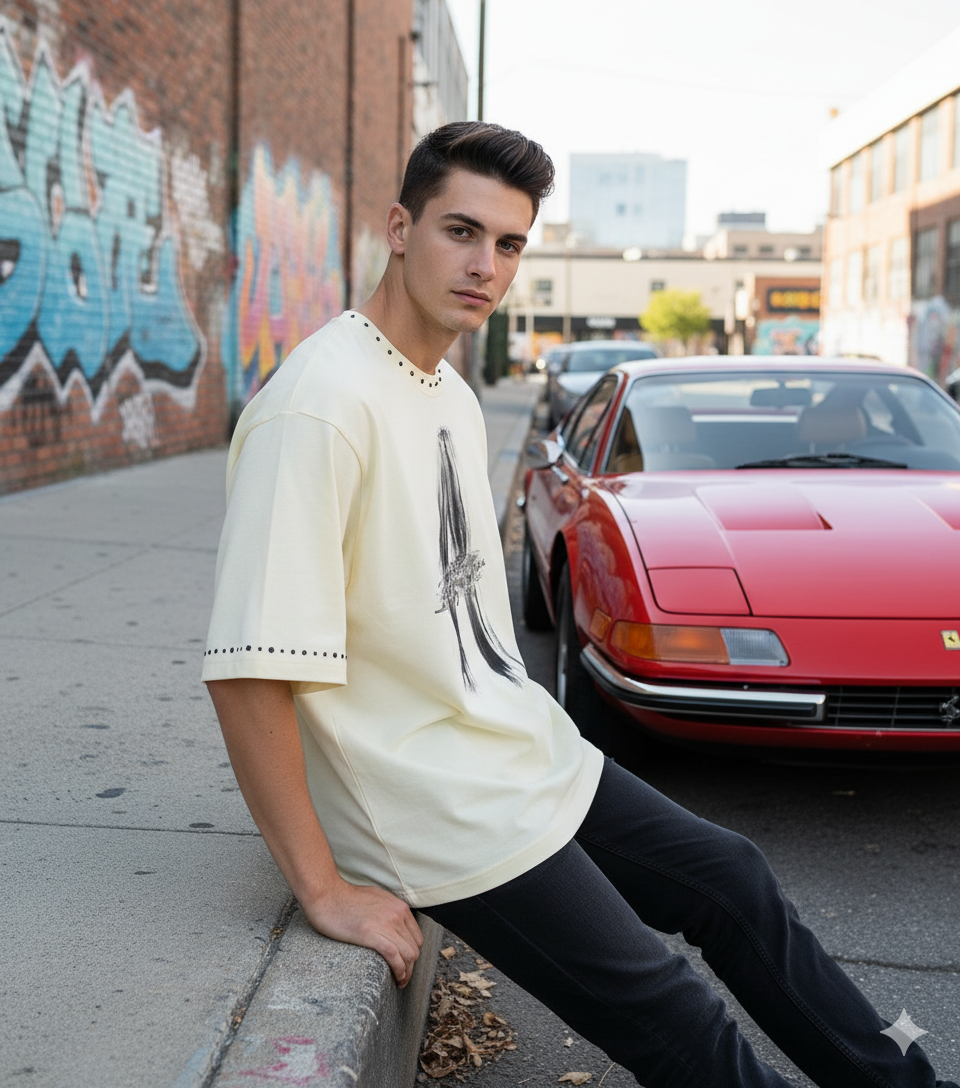 Cream beige oversized streetwear T-shirt by JEVPE featuring a brushstroke letter A and rivet details.