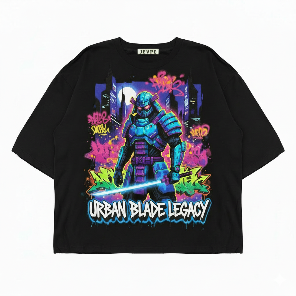 Black oversized T-shirt by JEVPE featuring futuristic samurai and neon graffiti urban blade design.
