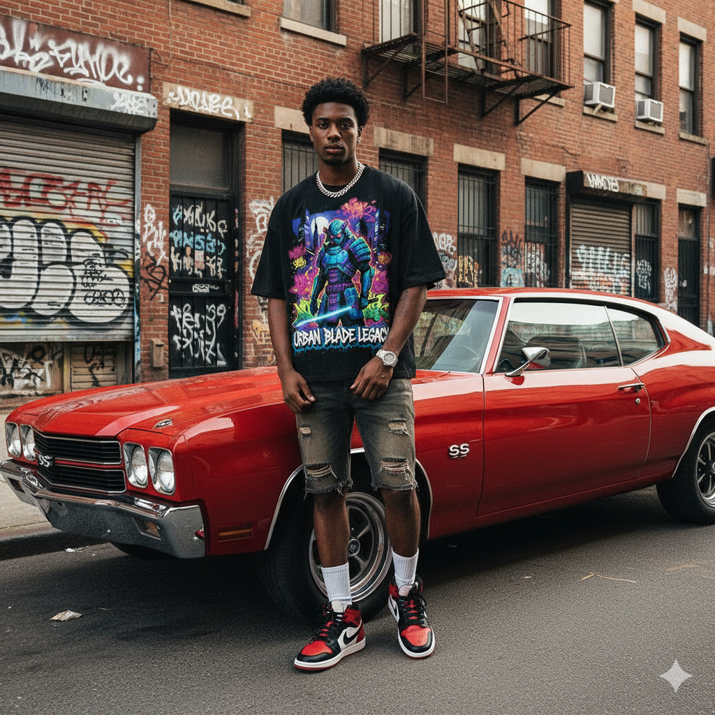 Black JEVPE Futuristic Samurai "Urban Blade Legacy" oversized T-shirt with neon graffiti artwork, featuring a modern samurai design.
