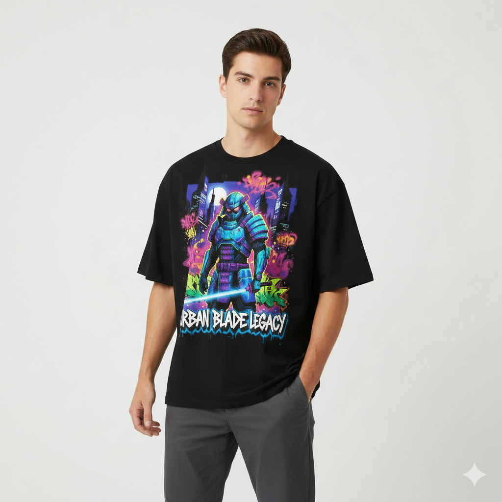 Black oversized T-shirt by JEVPE featuring futuristic samurai and neon graffiti urban blade design.