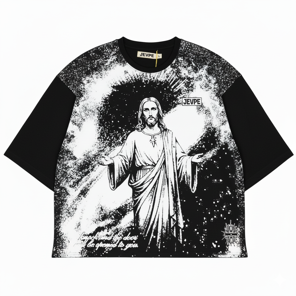 Men's black oversized crew neck T-shirt by JEVPE featuring vintage Jesus print and religious casual style.