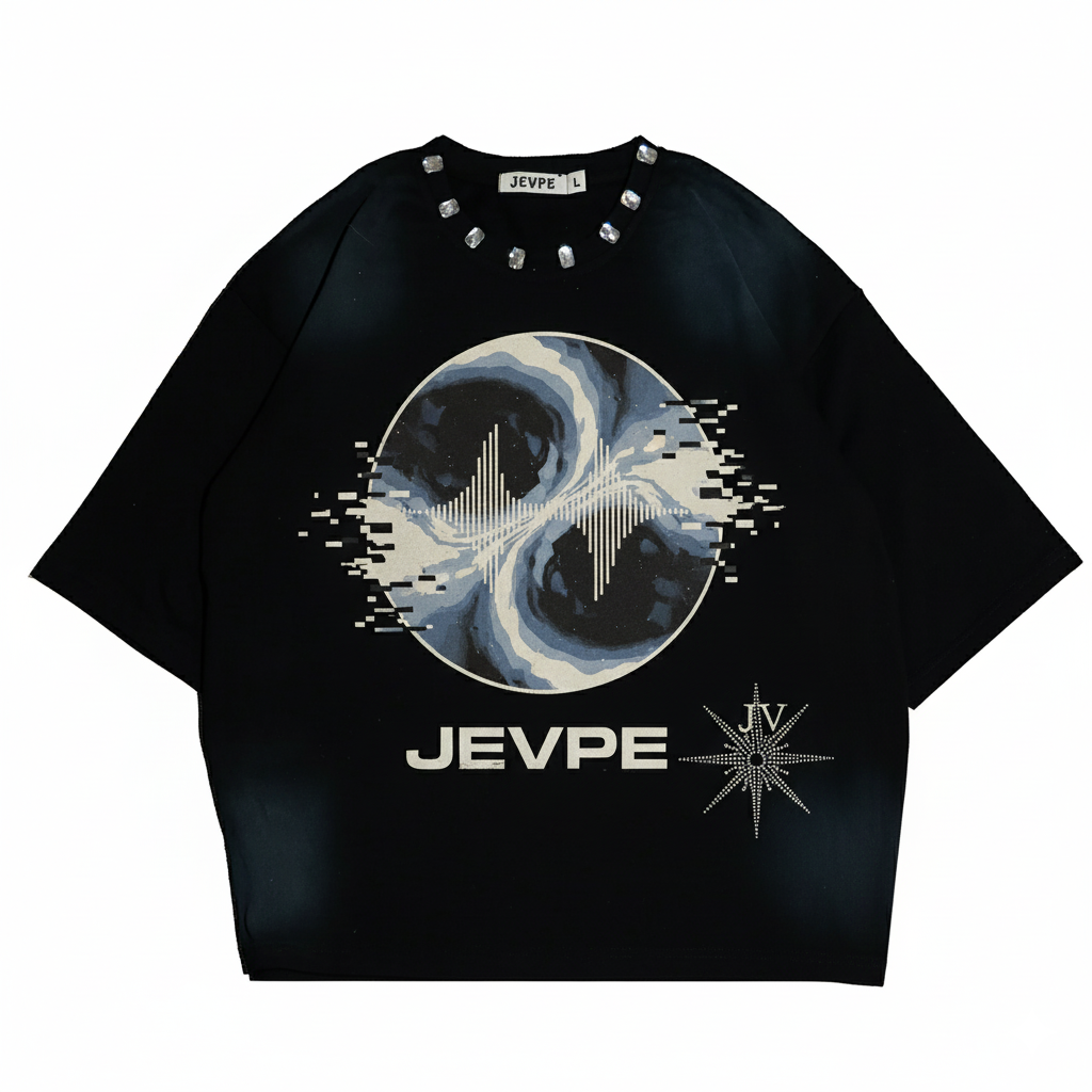 JEVPE men's black oversized T-shirt with rivet neckline and cosmic swirl soundwave graphic, streetwear style.