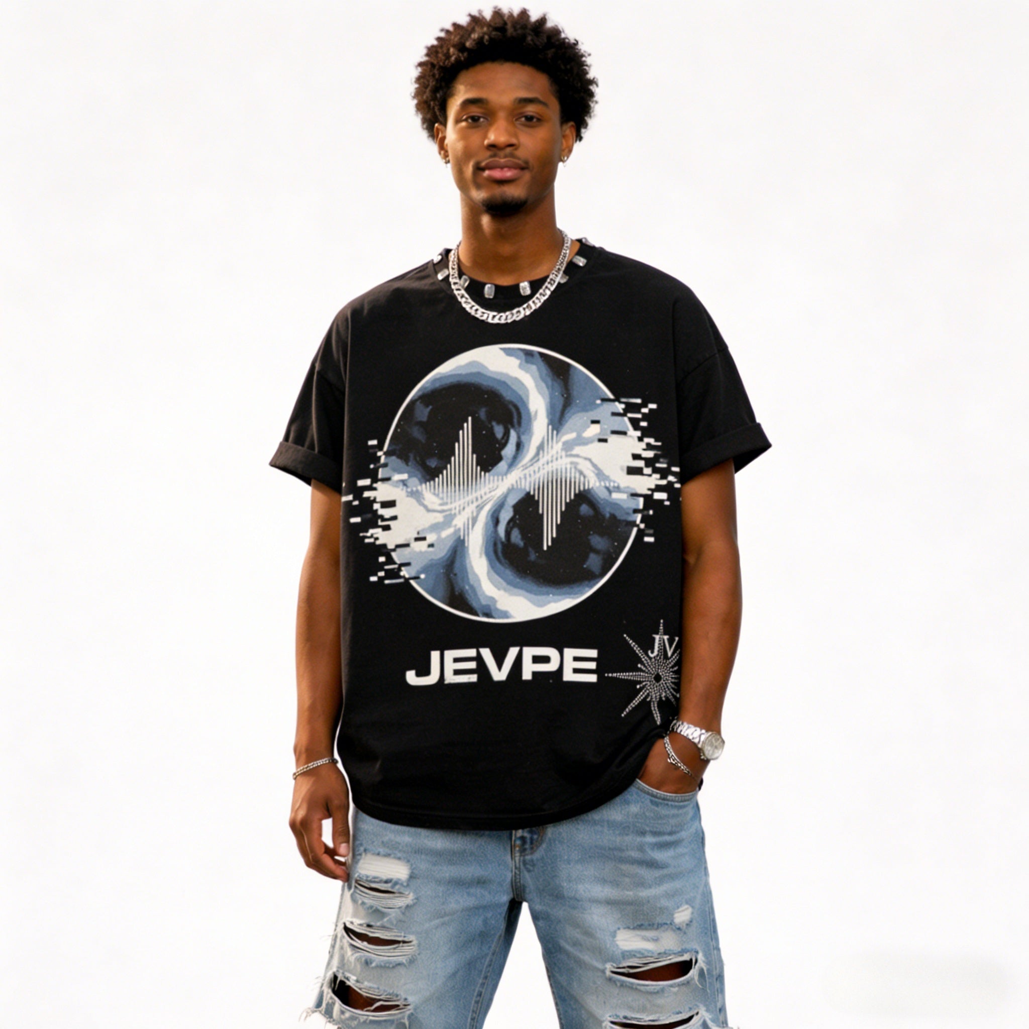 JEVPE men's black oversized T-shirt with rivet neckline and cosmic swirl soundwave graphic, streetwear style.