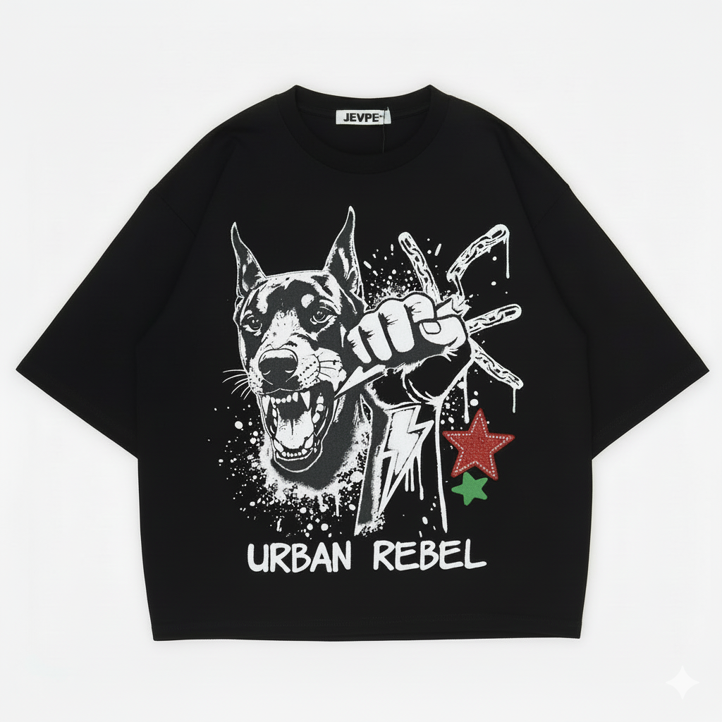 JEVPE men's black oversized streetwear T-shirt with a Doberman fist graphic and "Urban Rebel" design.