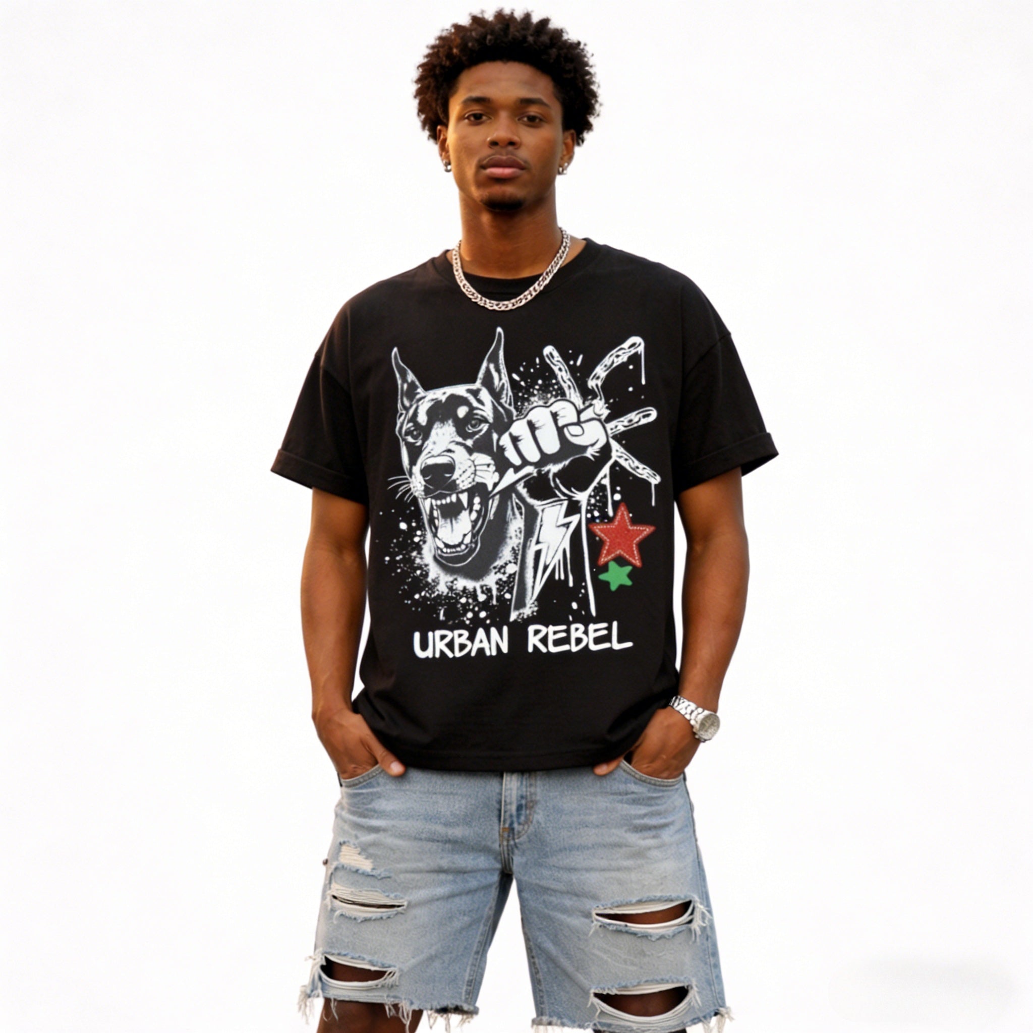 Black oversized men's T-shirt by JEVPE featuring a Doberman fist graphic and urban rebel streetwear style.